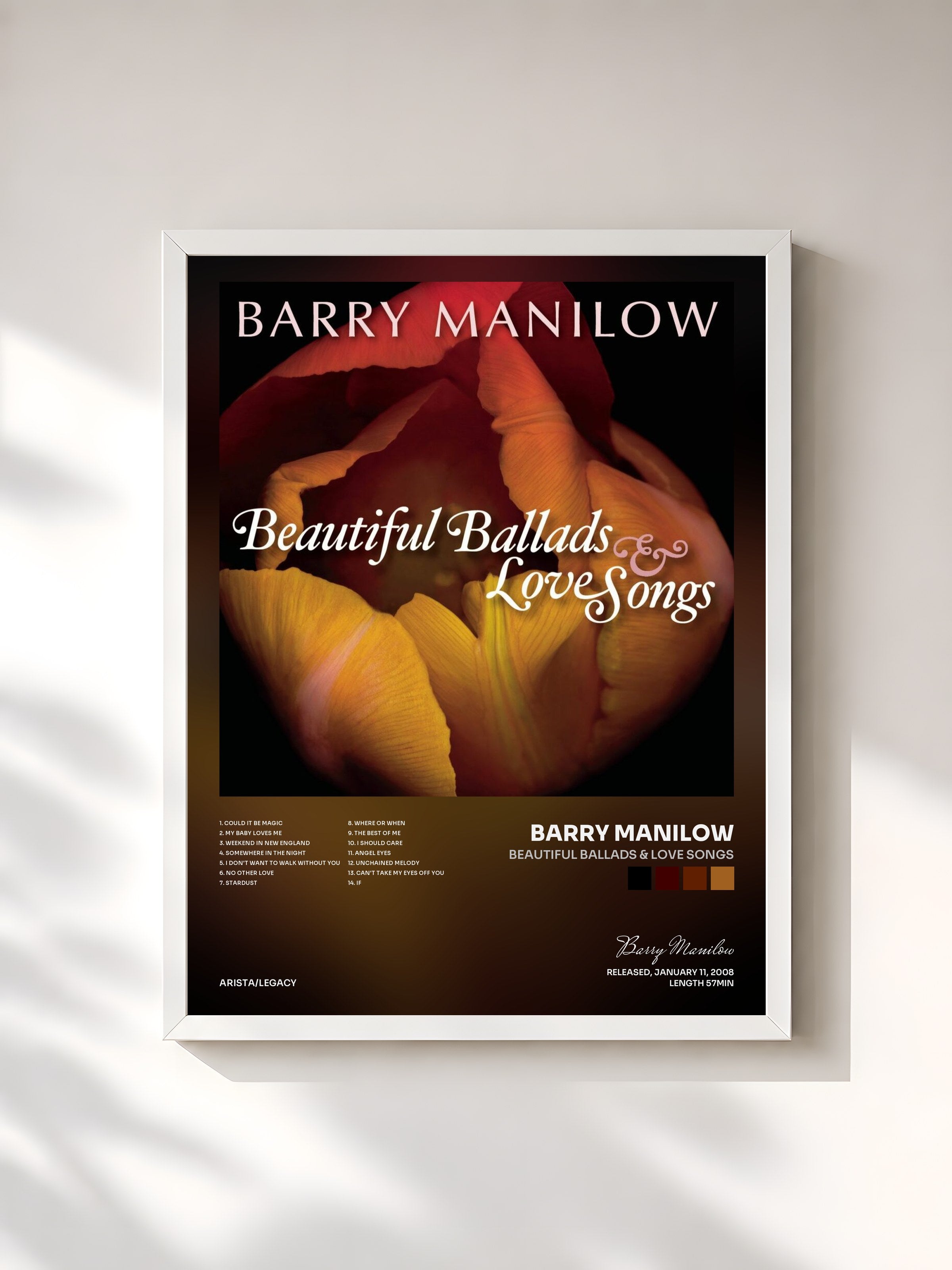 #blanc Tableau de l'album Beautiful Ballads & Love Songs de Barry Manilow, cadre blanc, imprimé et encadré en France