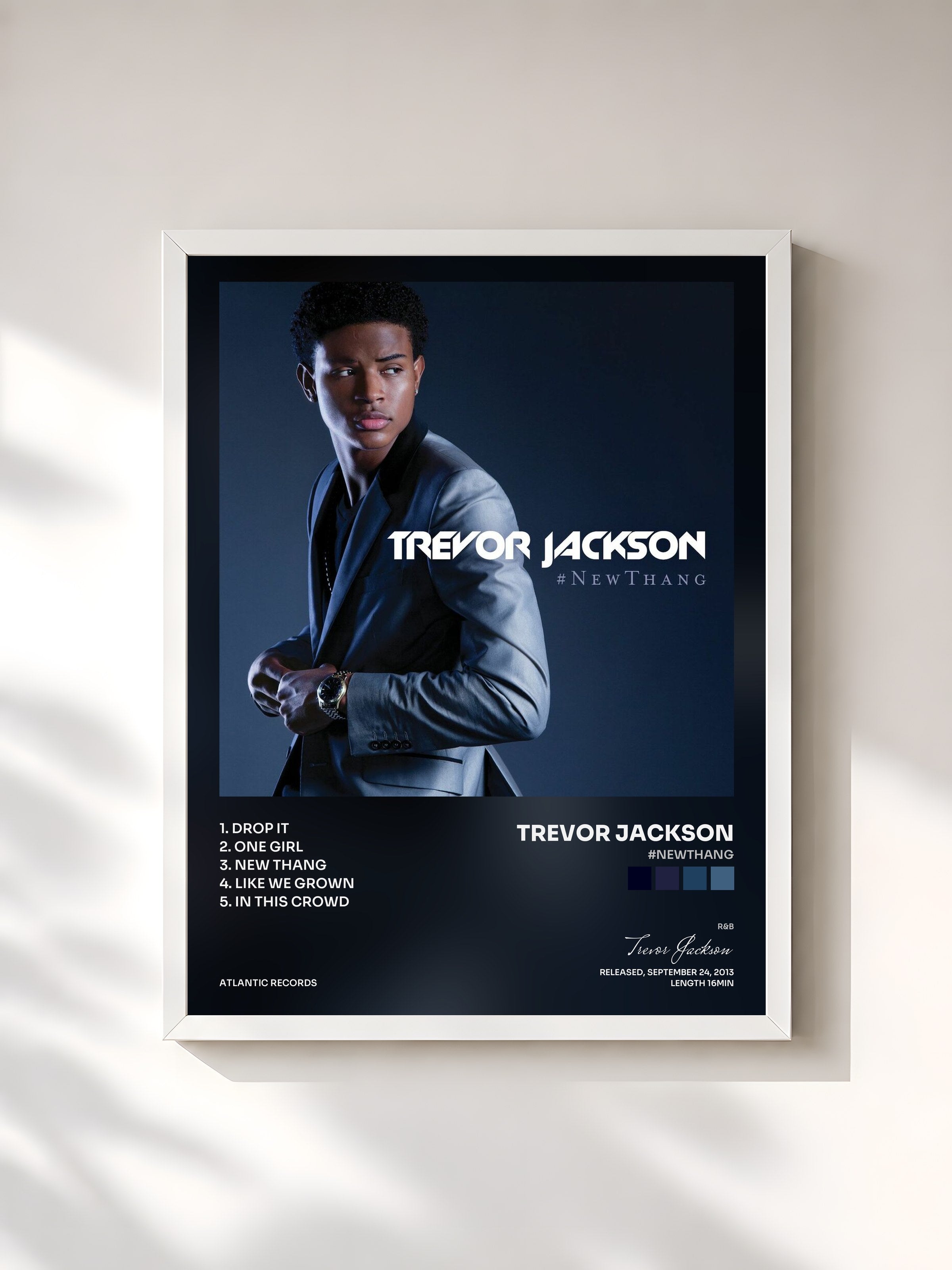#blanc Tableau de l'album #NewThang de Trevor Jackson, cadre blanc, imprimé et encadré en France