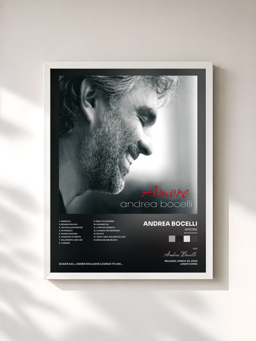 #blanc Tableau de l'album Amore (Remastered) de Andrea Bocelli, cadre blanc, imprimé et encadré en France