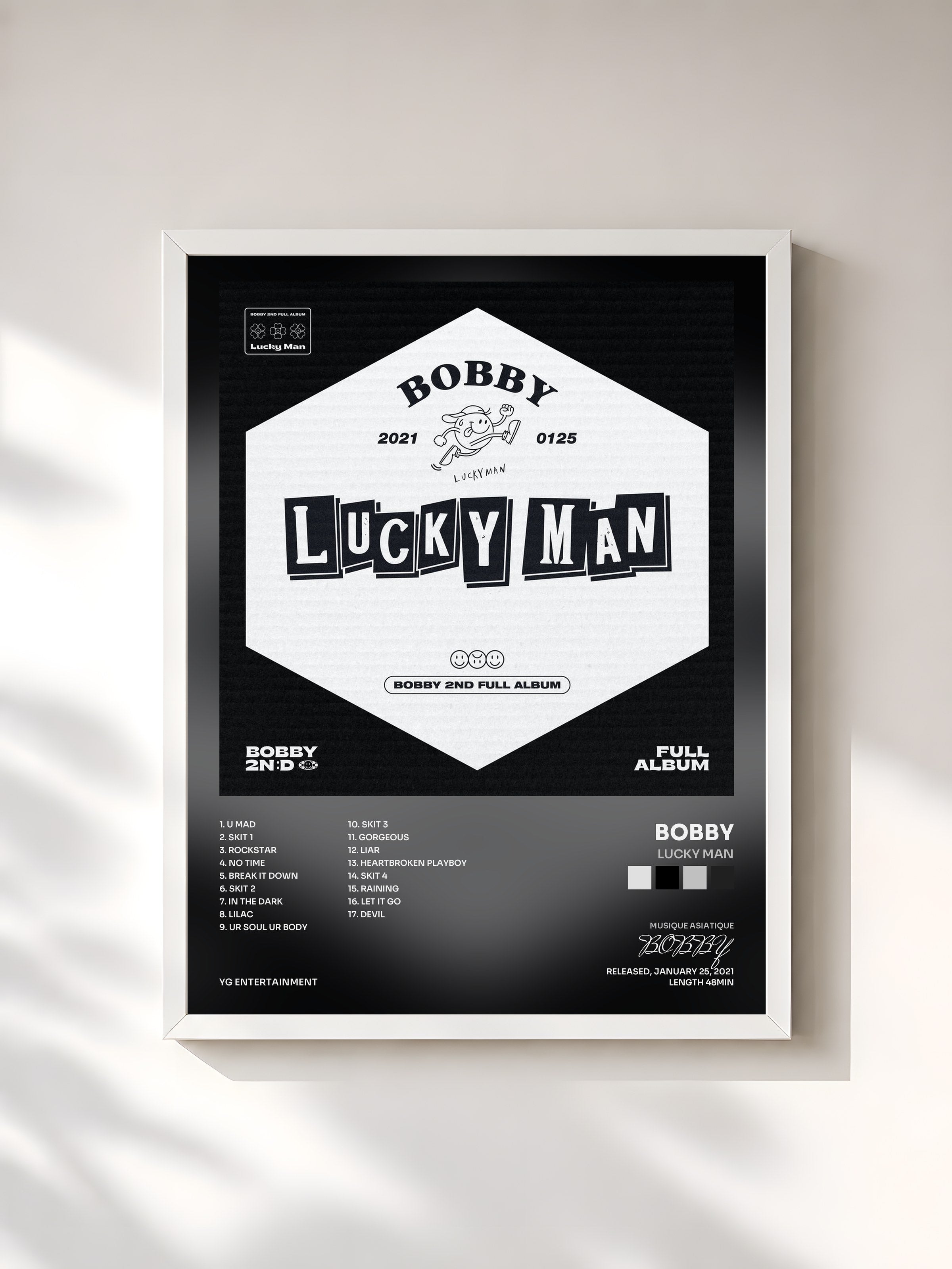 #blanc Tableau de l'album LUCKY MAN de BOBBY, cadre blanc, imprimé et encadré en France