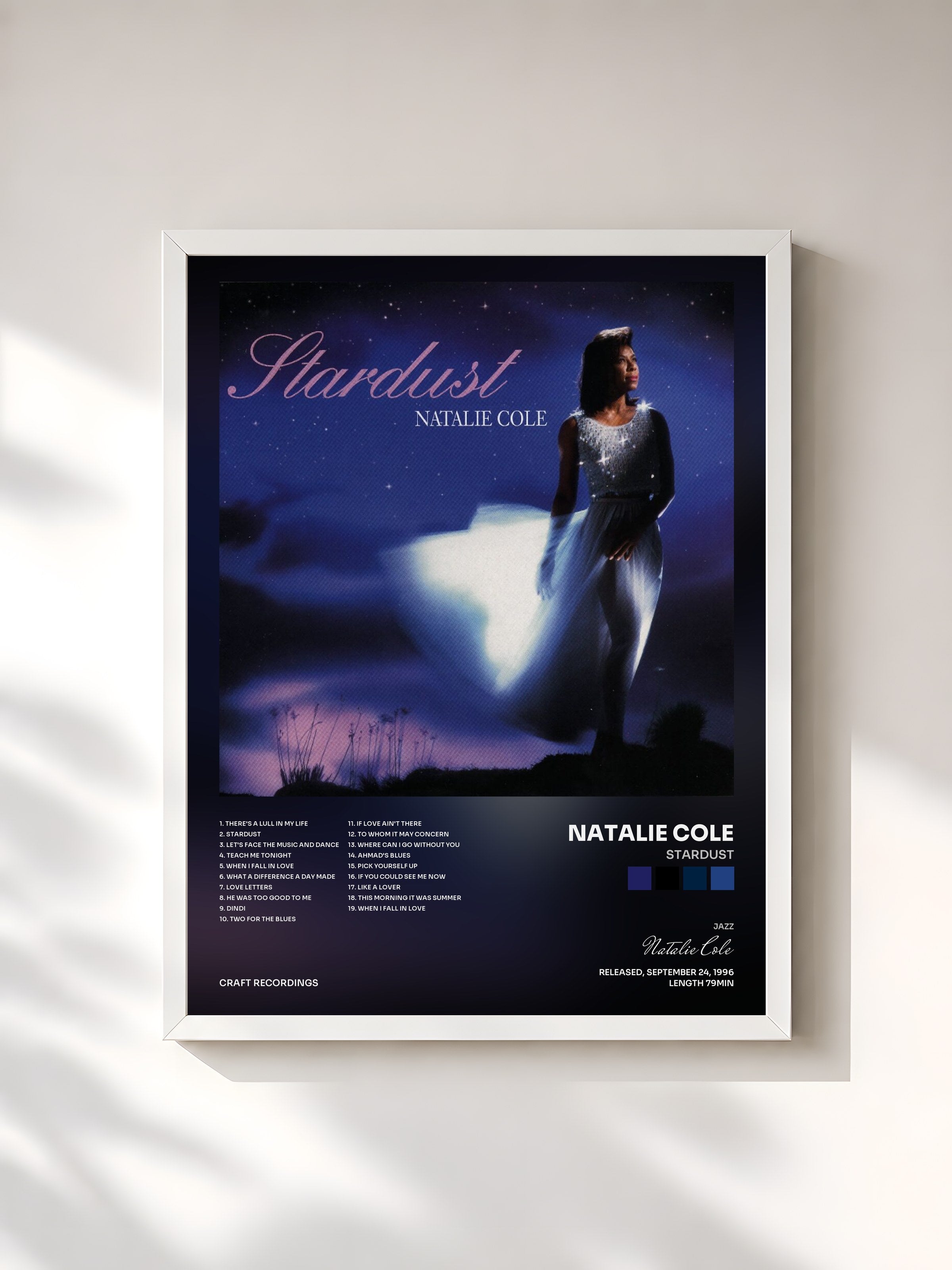 #blanc Tableau de l'album Stardust de Natalie Cole, cadre blanc, imprimé et encadré en France
