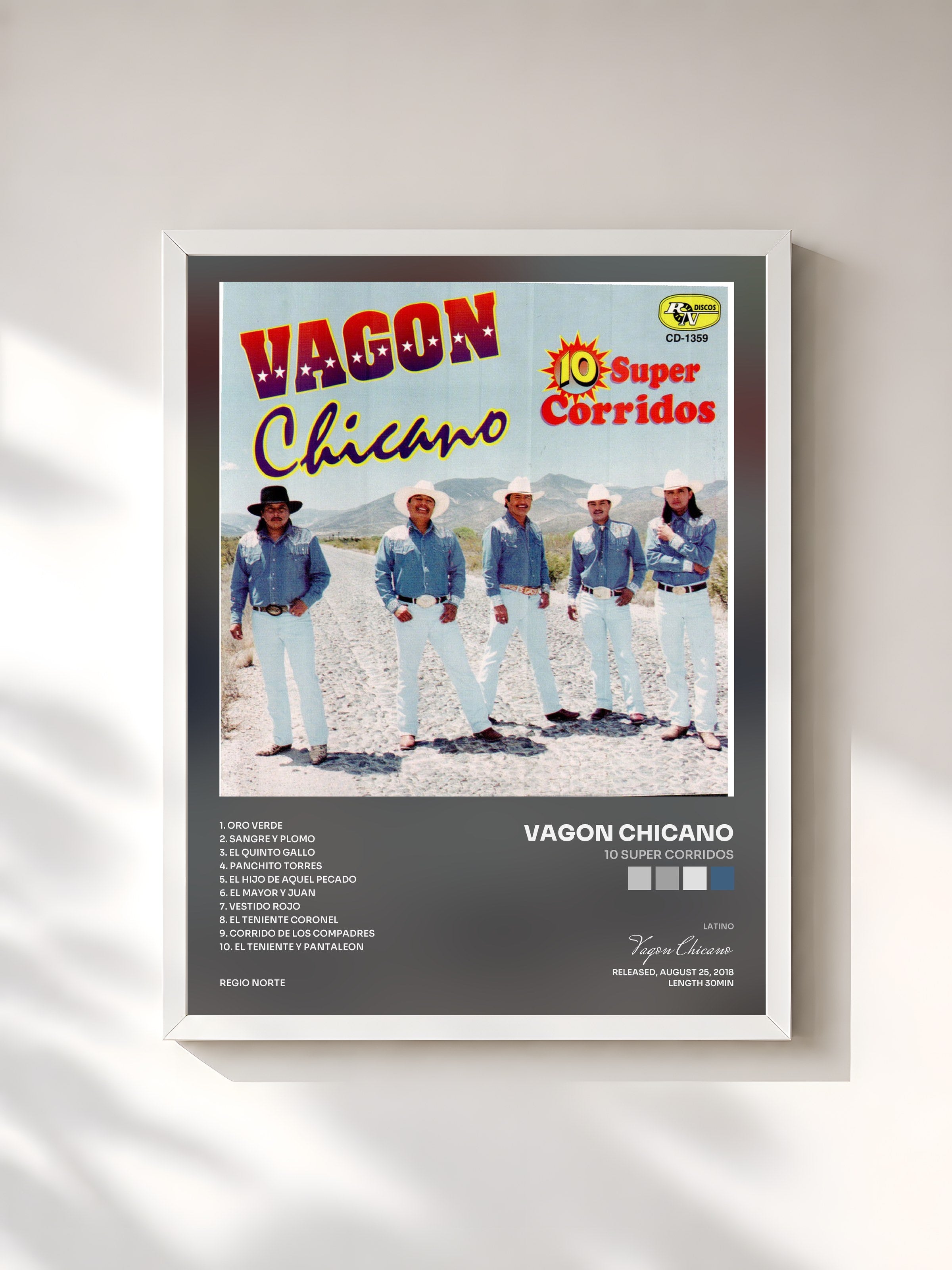 #blanc Tableau de l'album 10 Super Corridos de Vagon Chicano, cadre blanc, imprimé et encadré en France