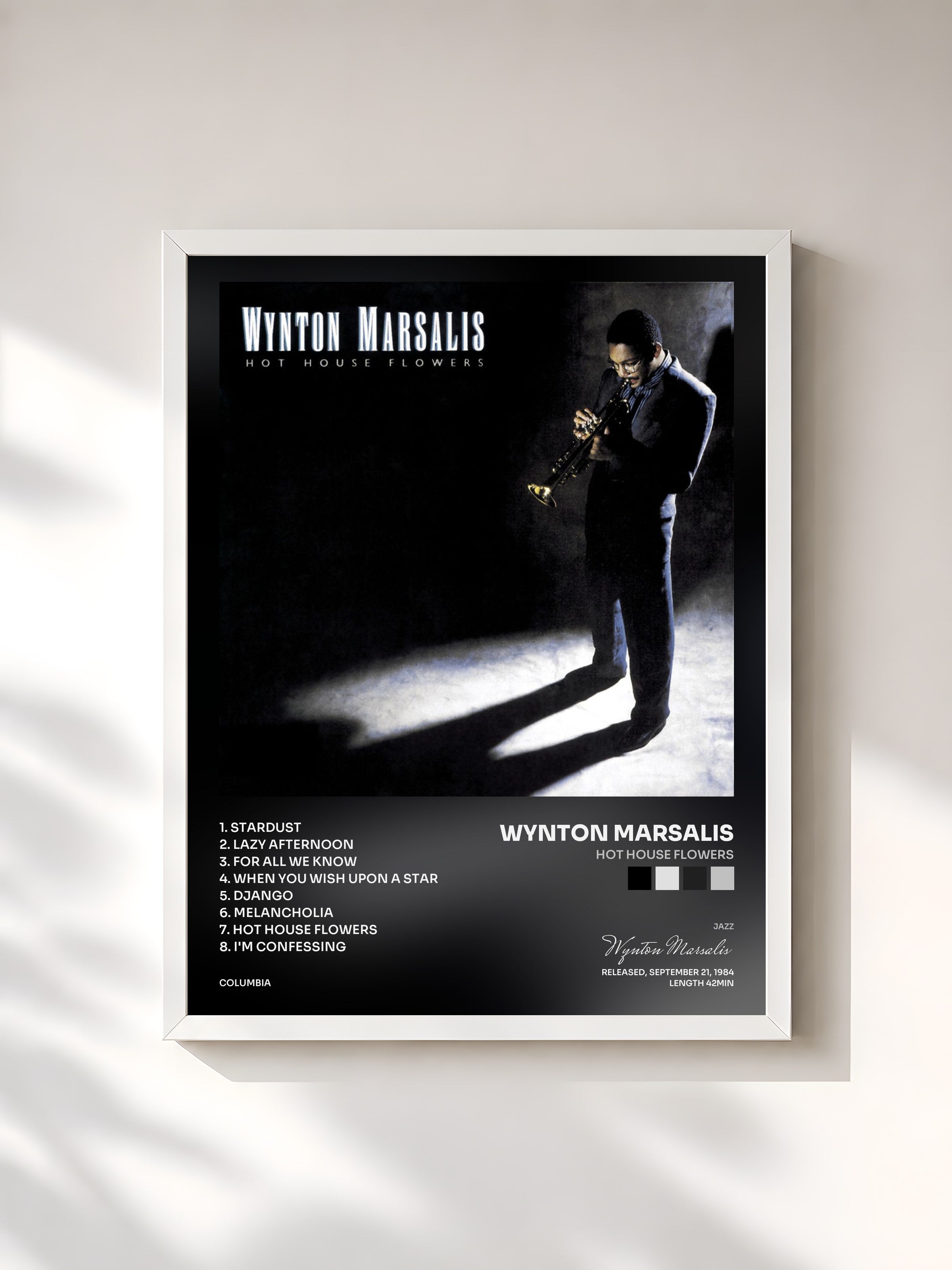 #blanc Tableau de l'album Hot House Flowers de Wynton Marsalis, cadre blanc, imprimé et encadré en France