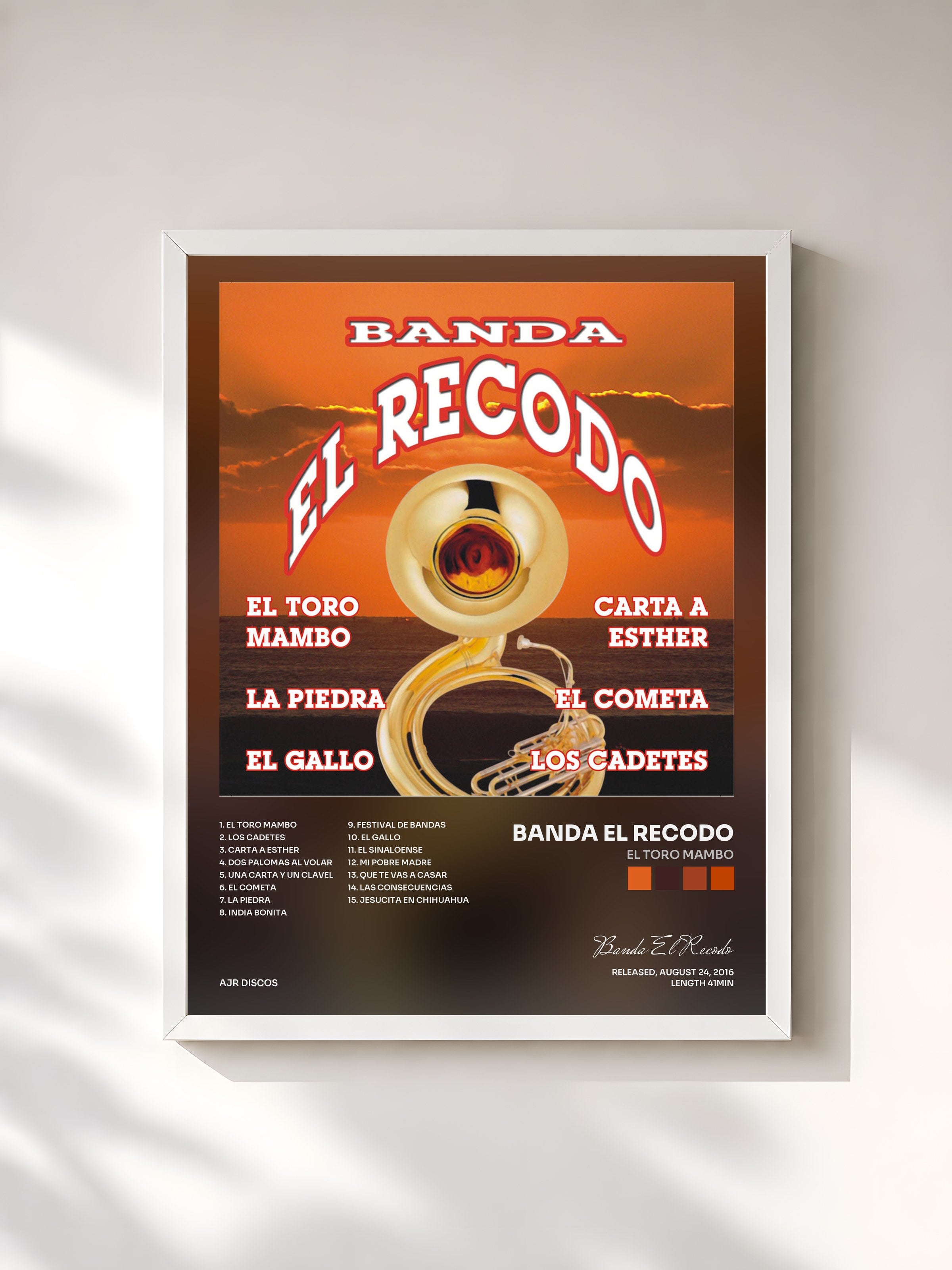 #blanc Tableau de l'album El Toro Mambo de Banda El Recodo, cadre blanc, imprimé et encadré en France