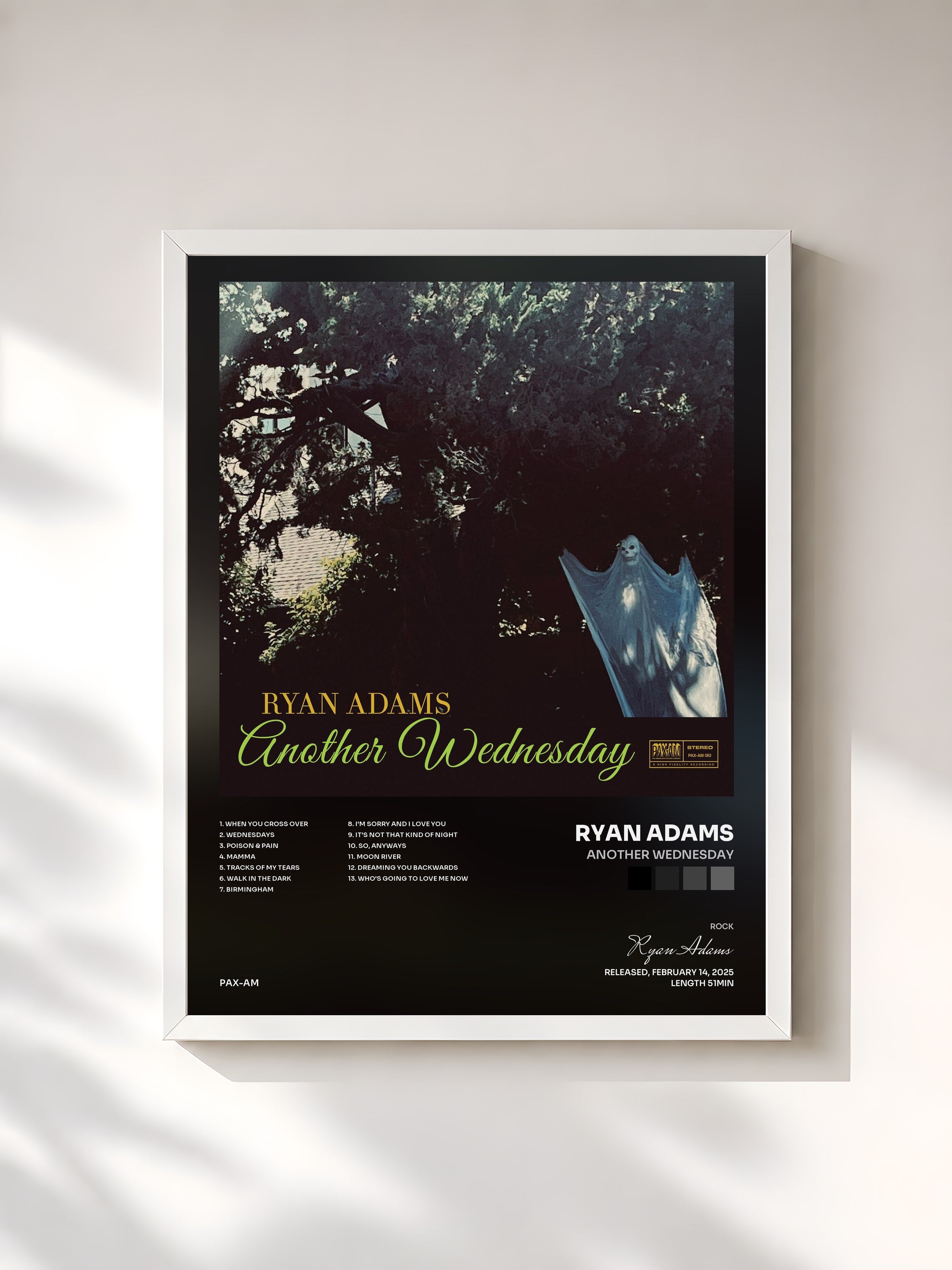 #blanc Tableau de l'album Another Wednesday de Ryan Adams, cadre blanc, imprimé et encadré en France