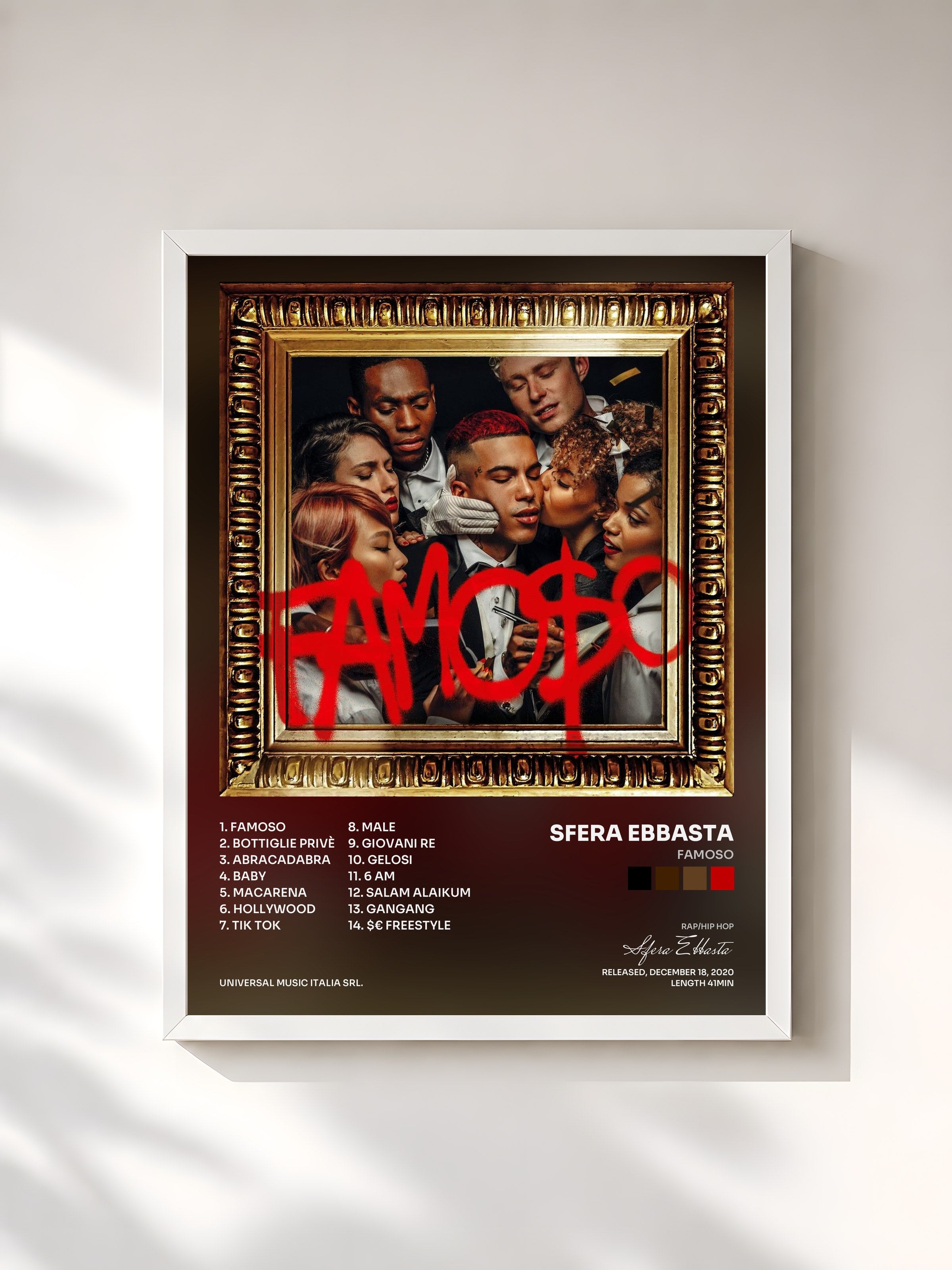 #blanc Tableau de l'album Famoso de Sfera Ebbasta, cadre blanc, imprimé et encadré en France