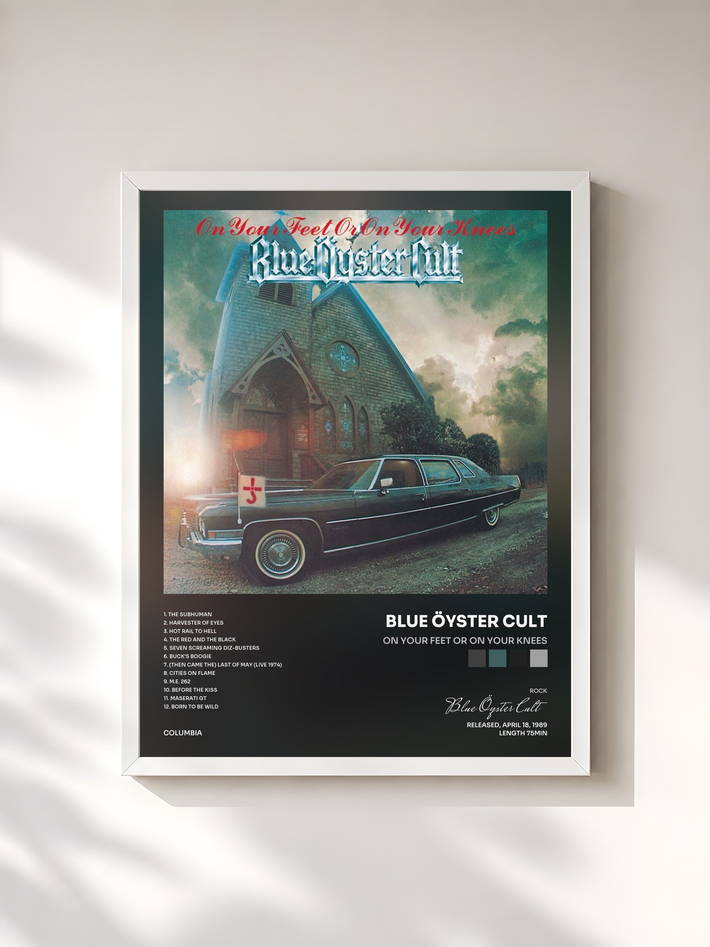 #blanc Tableau de l'album On Your Feet Or On Your Knees de Blue Öyster Cult, cadre blanc, imprimé et encadré en France