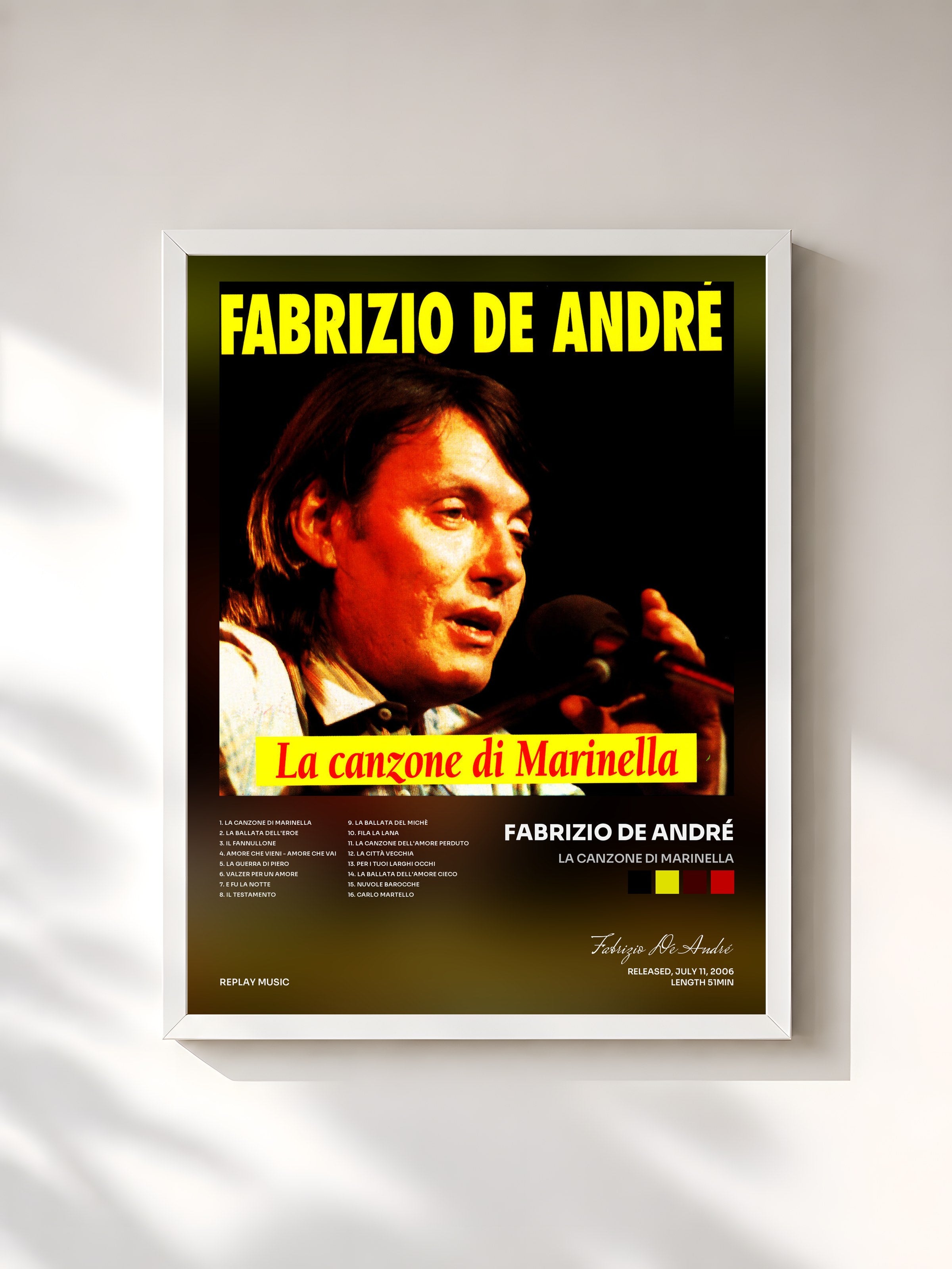 #blanc Tableau de l'album La Canzone Di Marinella de Fabrizio De André, cadre blanc, imprimé et encadré en France