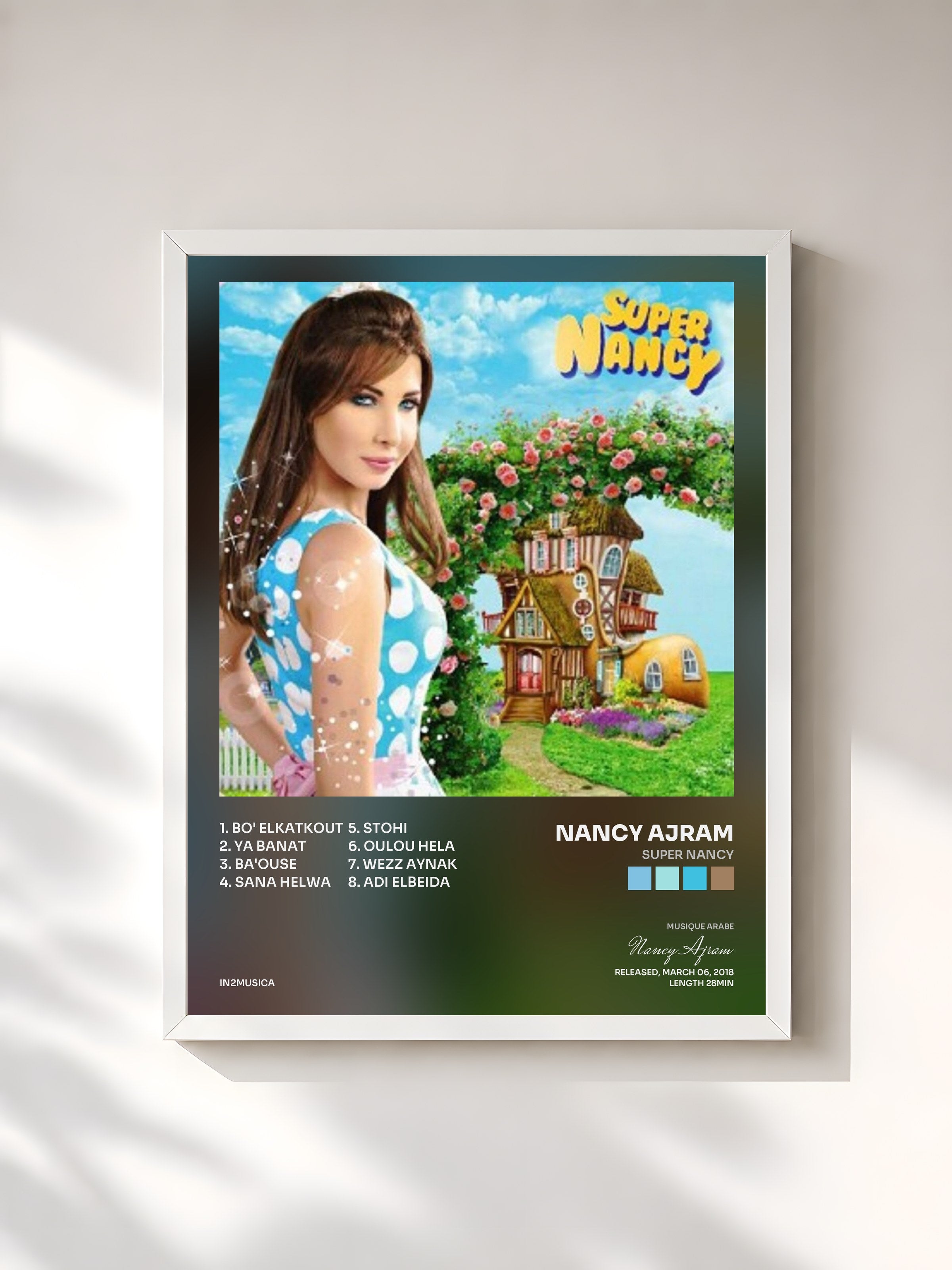 #blanc Tableau de l'album Super Nancy de Nancy Ajram, cadre blanc, imprimé et encadré en France