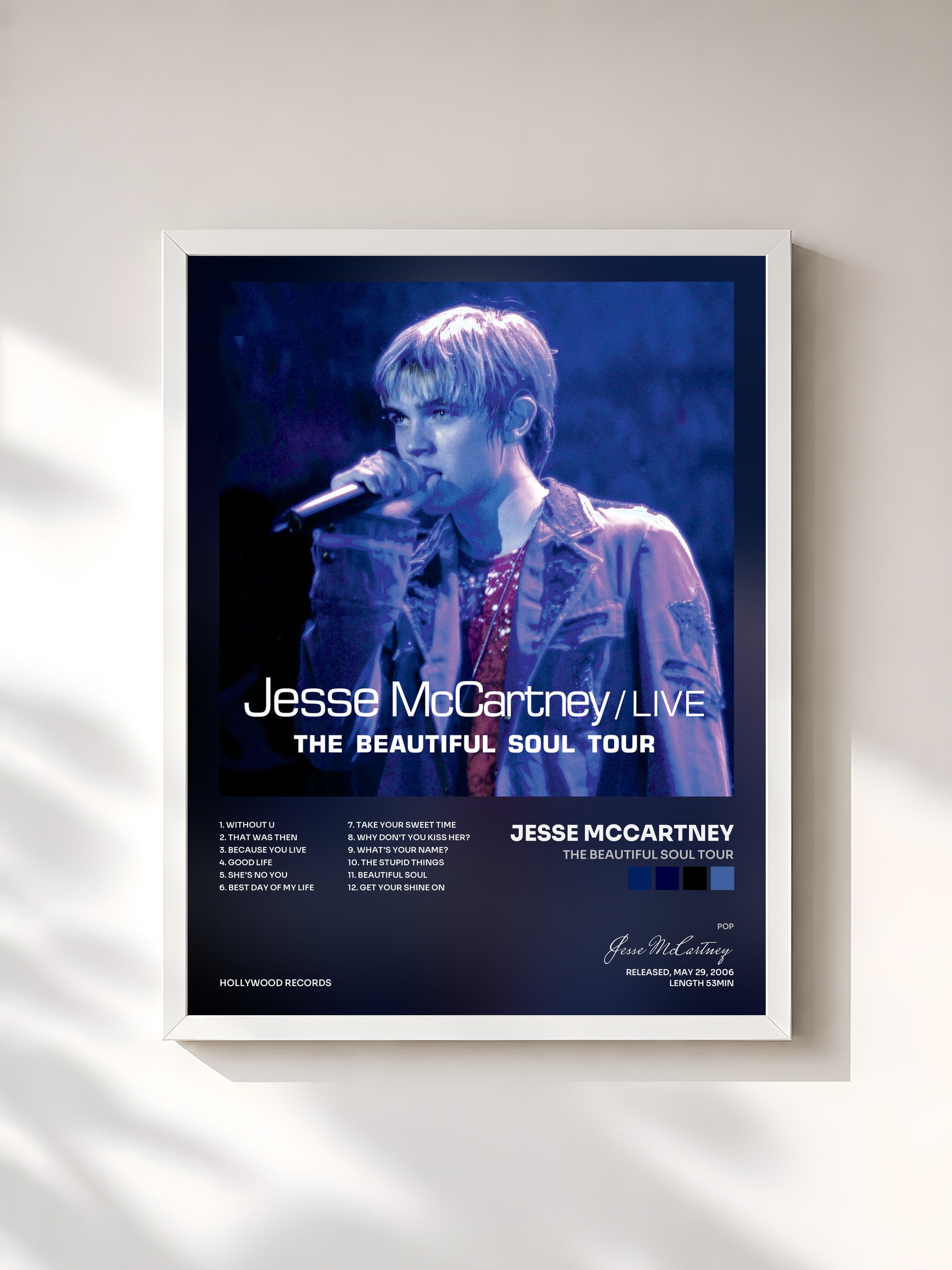 #blanc Tableau de l'album The Beautiful Soul Tour de Jesse McCartney, cadre blanc, imprimé et encadré en France