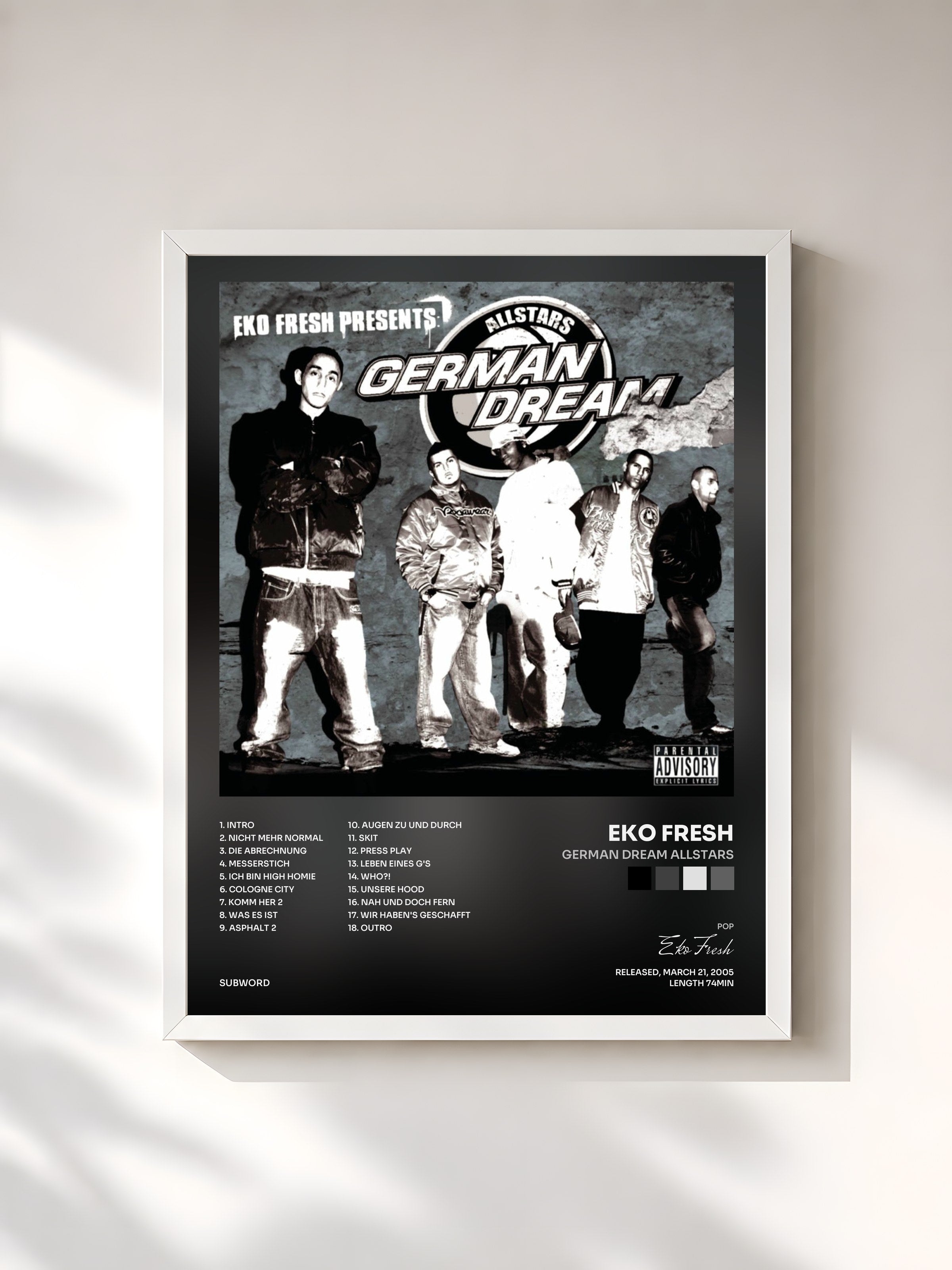 #blanc Tableau de l'album German Dream Allstars de Eko Fresh, cadre blanc, imprimé et encadré en France