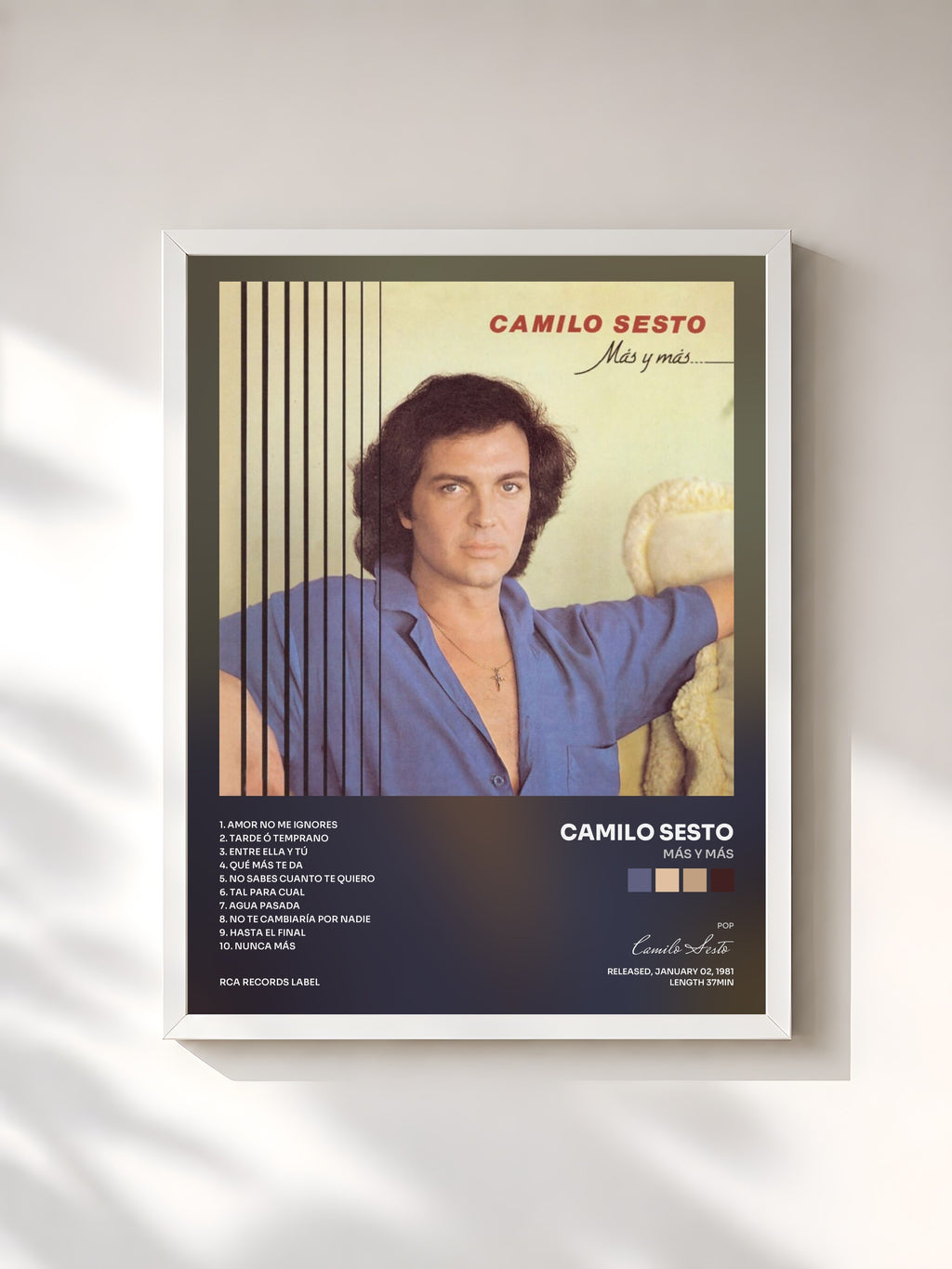 #blanc Tableau de l'album Más y Más de Camilo Sesto, cadre blanc, imprimé et encadré en France