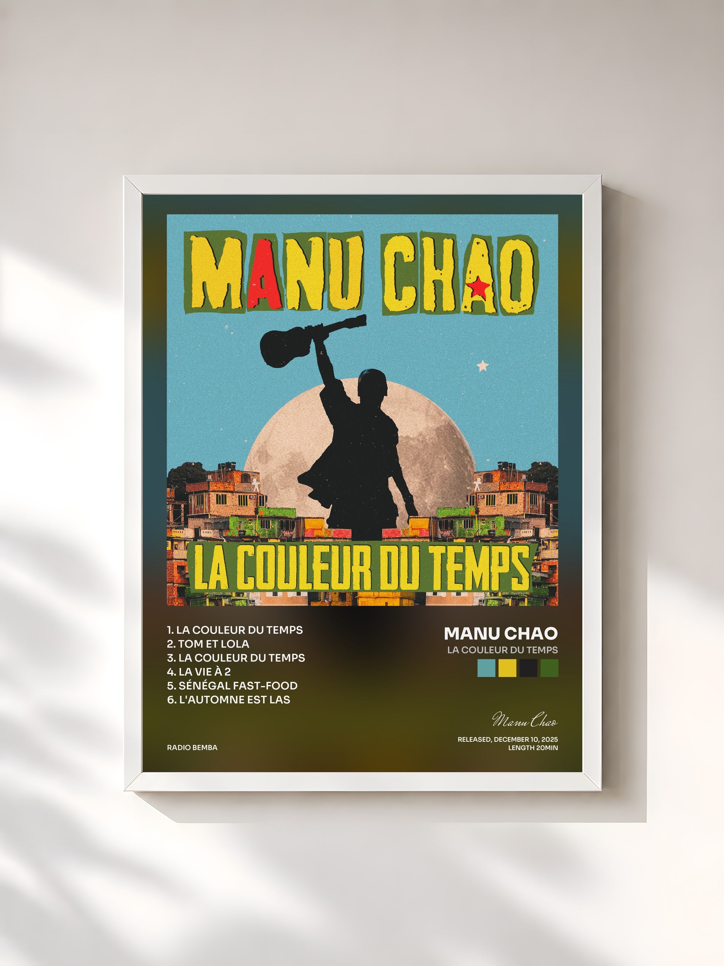 #blanc Tableau de l'album La Couleur du Temps de Manu Chao, cadre blanc, imprimé et encadré en France