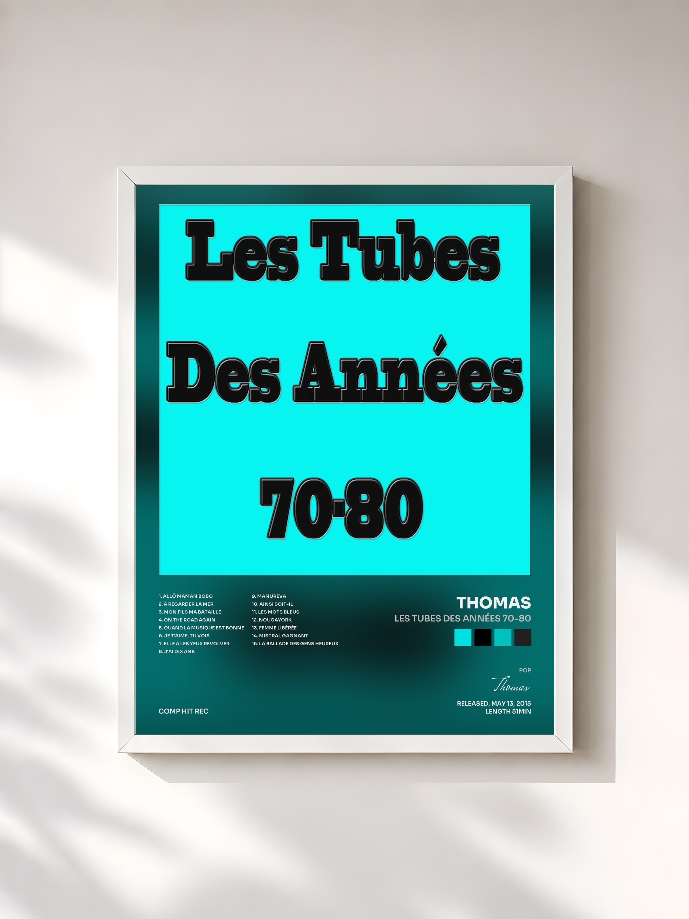 #blanc Tableau de l'album Les tubes des années 70-80 de Thomas, cadre blanc, imprimé et encadré en France