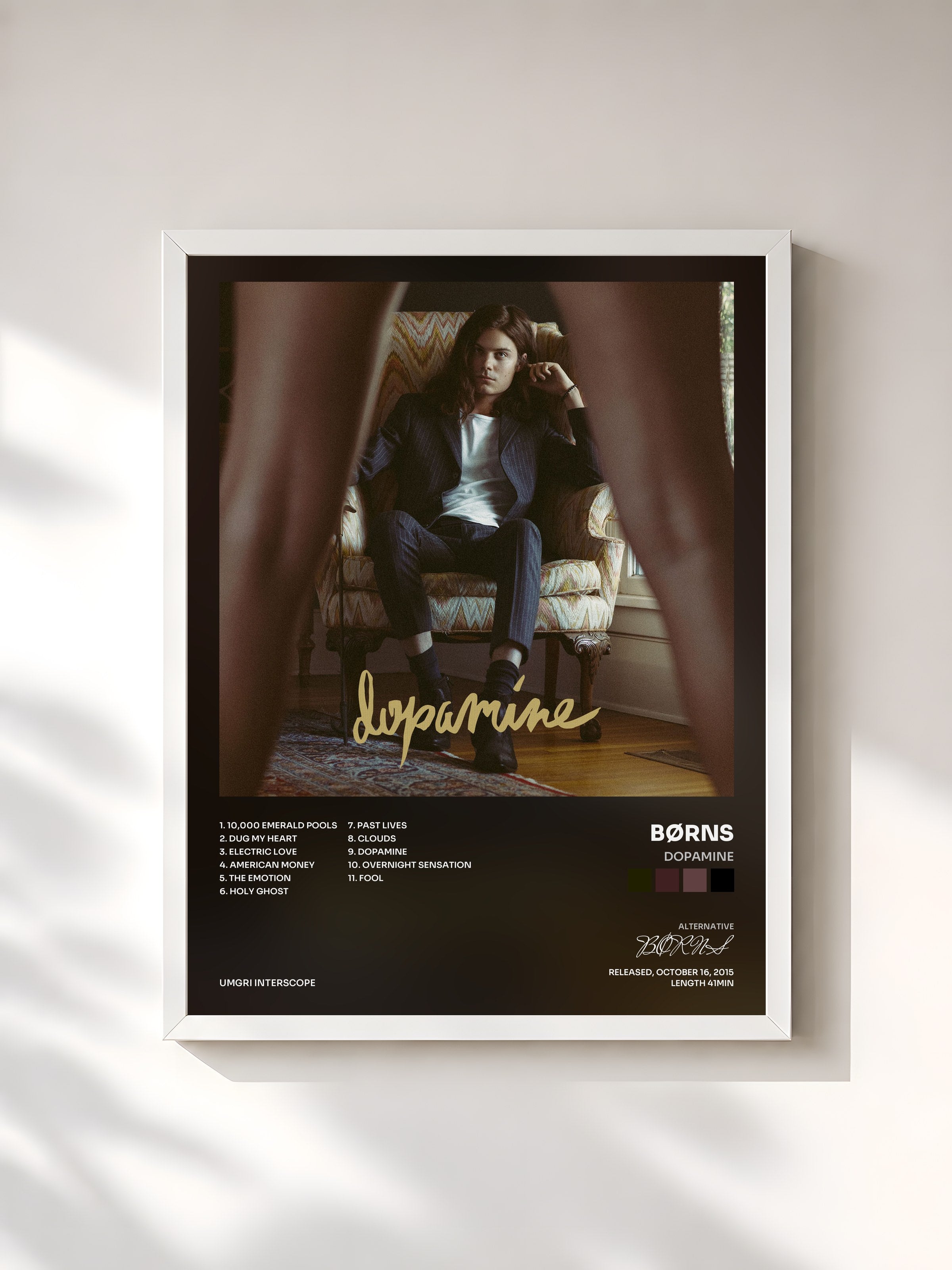 #blanc Tableau de l'album Dopamine de BØRNS, cadre blanc, imprimé et encadré en France