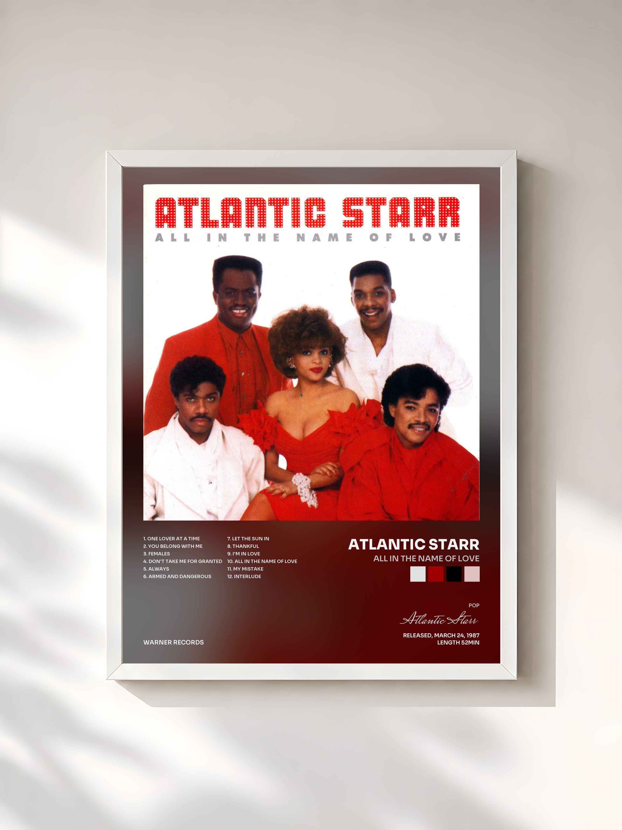 #blanc Tableau de l'album All In The Name Of Love de Atlantic Starr, cadre blanc, imprimé et encadré en France