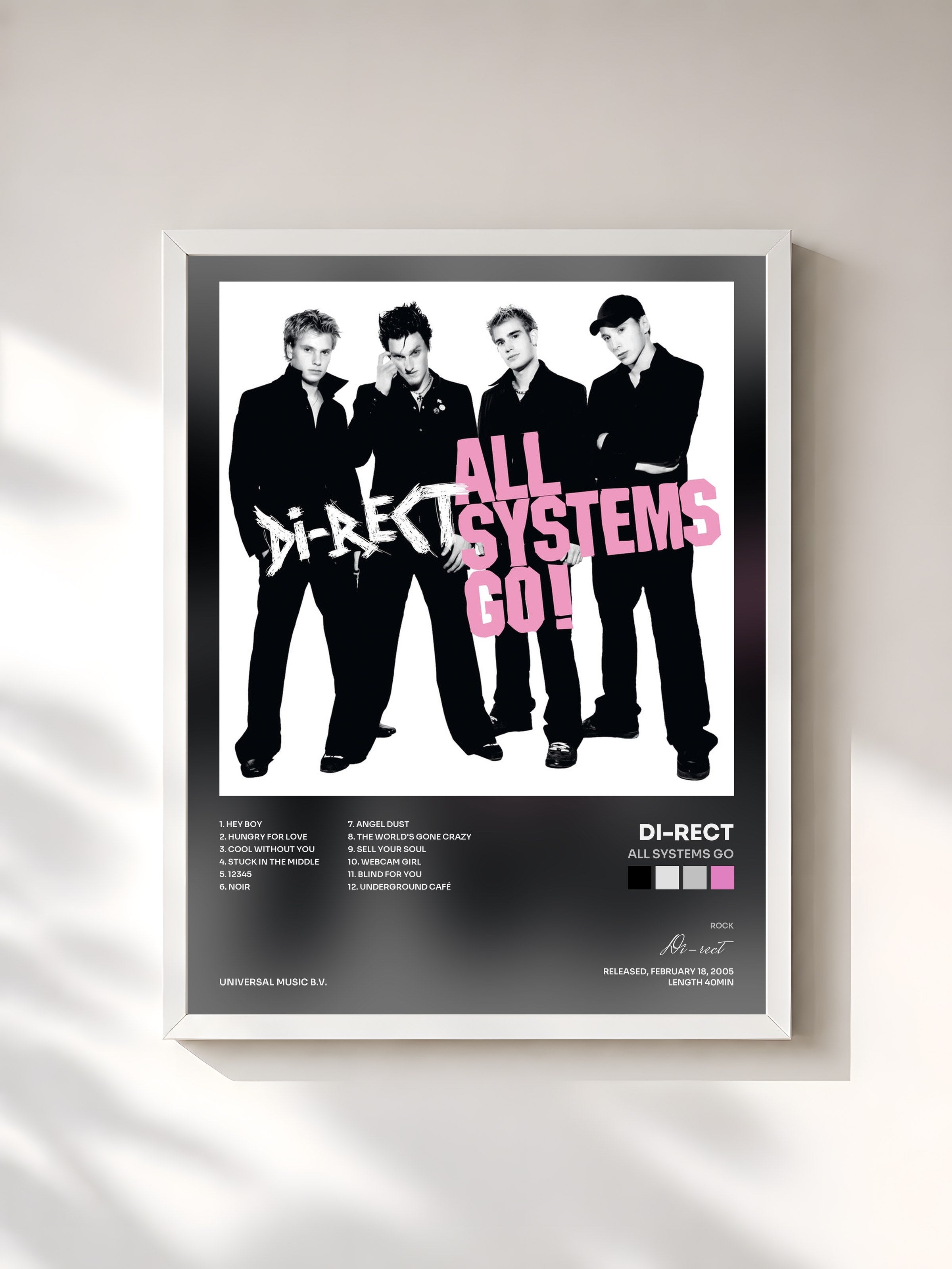 #blanc Tableau de l'album All Systems Go de Di-rect, cadre blanc, imprimé et encadré en France