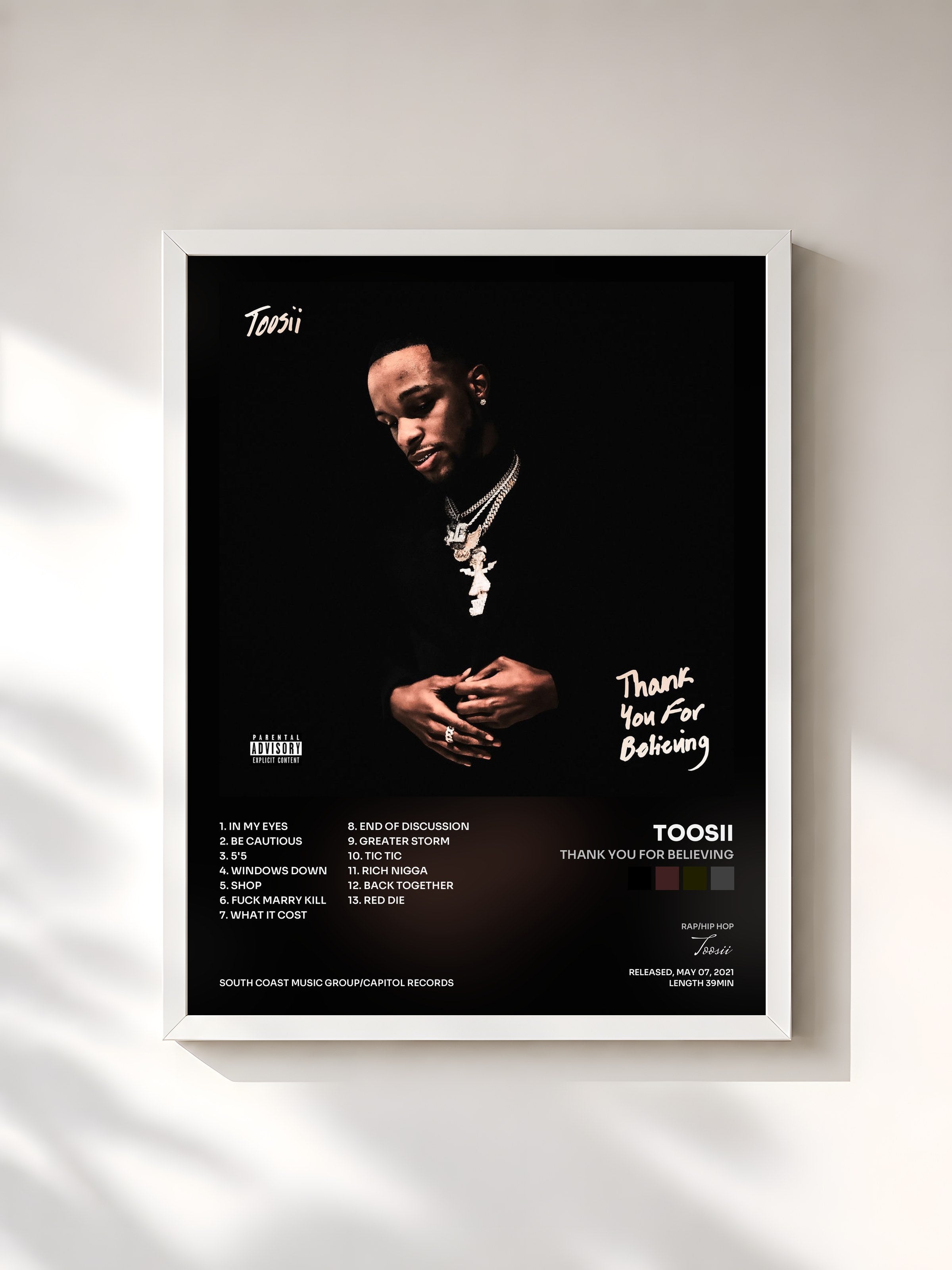 #blanc Tableau de l'album Thank You For Believing de Toosii, cadre blanc, imprimé et encadré en France