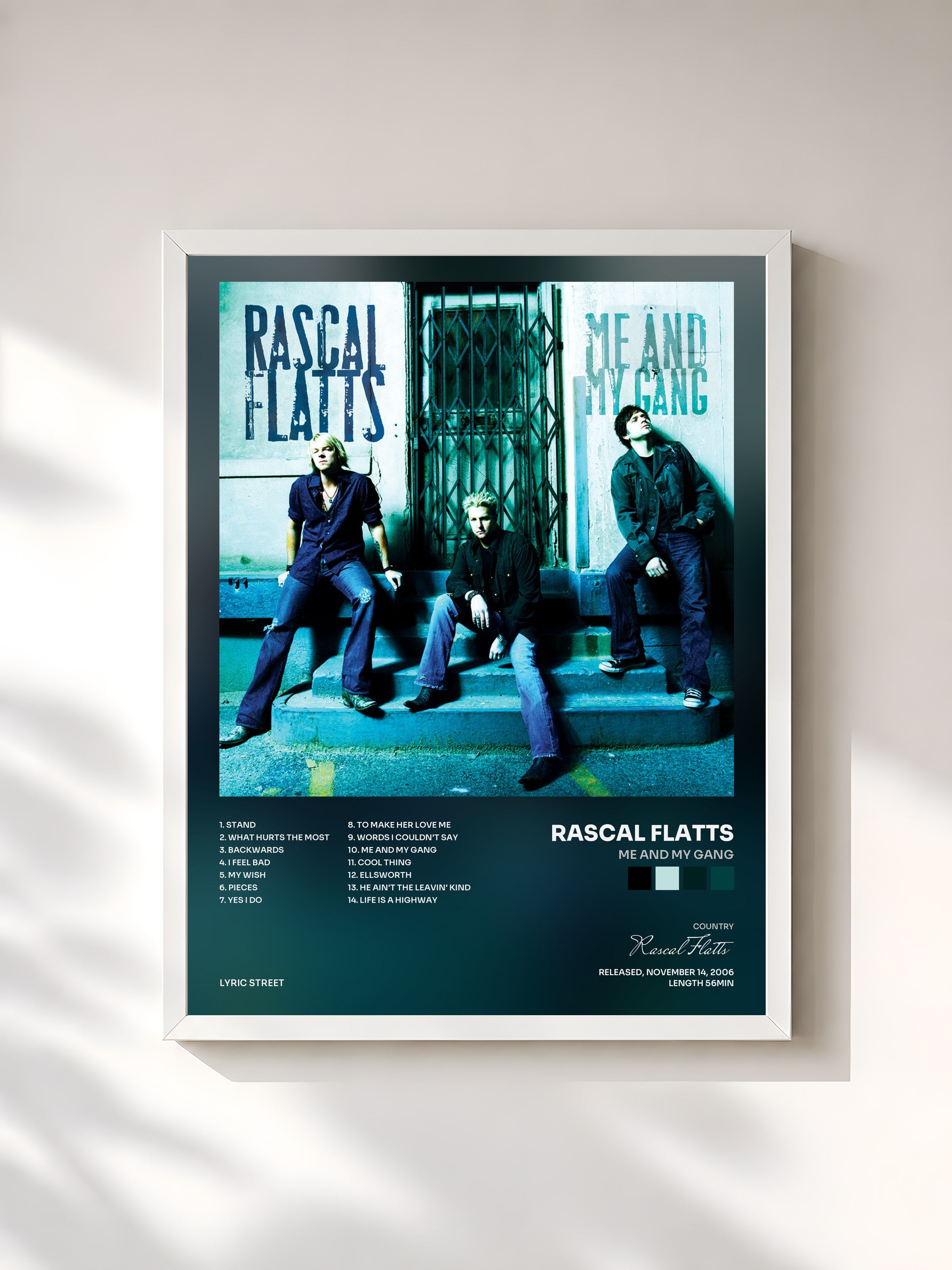 #blanc Tableau de l'album Me And My Gang de Rascal Flatts, cadre blanc, imprimé et encadré en France