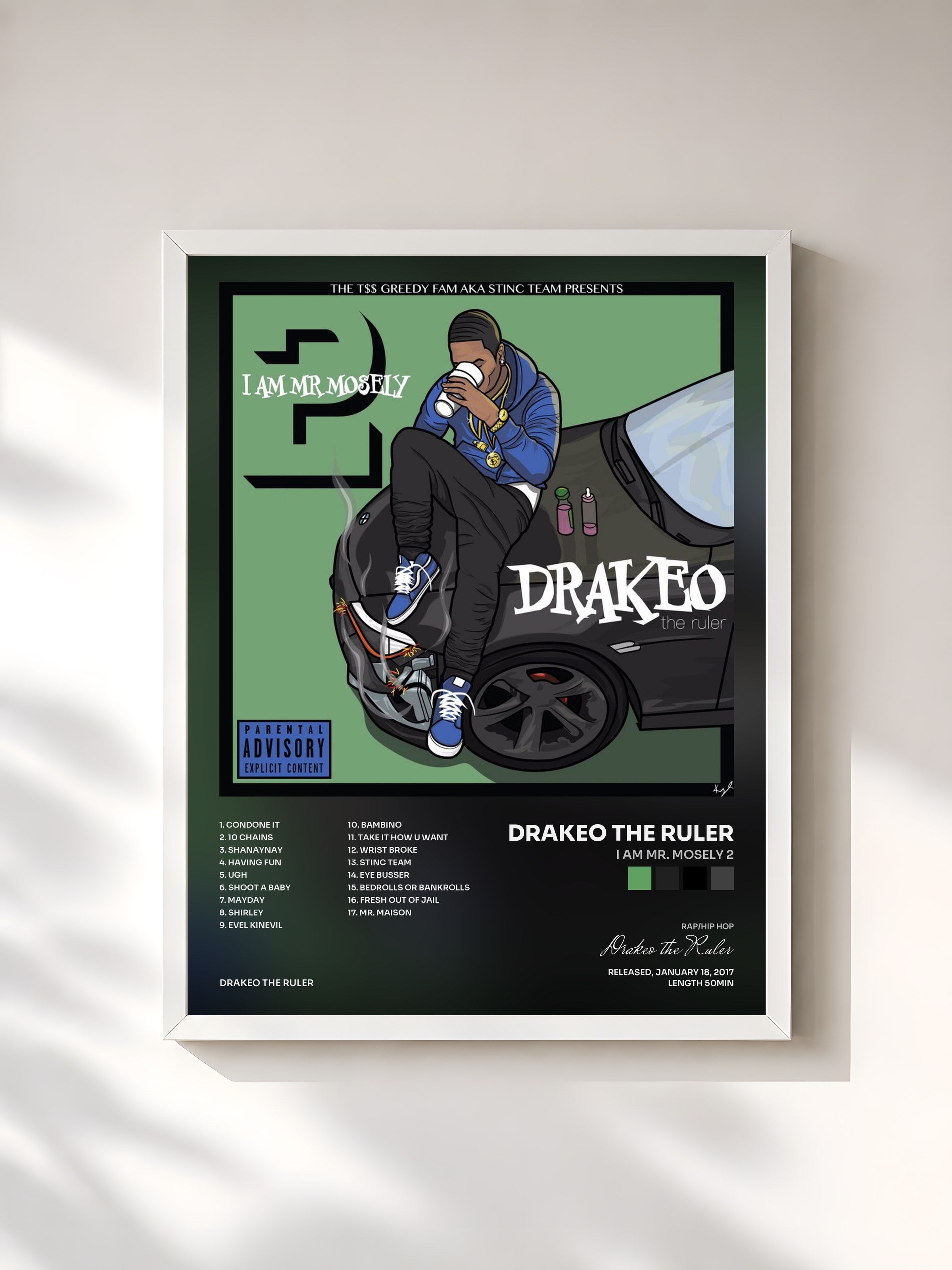 #blanc Tableau de l'album I Am Mr. Mosely 2 de Drakeo the Ruler, cadre blanc, imprimé et encadré en France