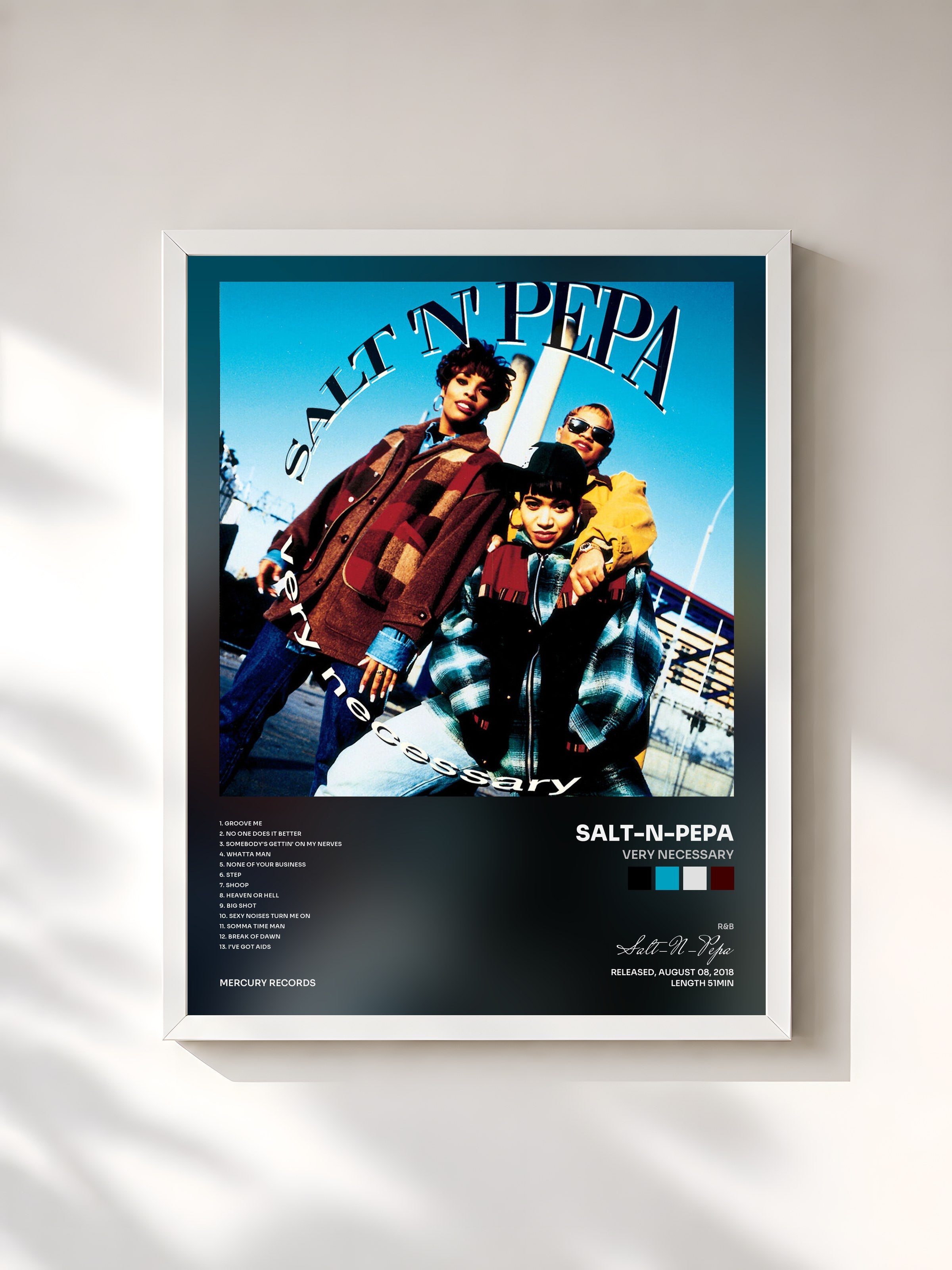 #blanc Tableau de l'album Very Necessary de Salt-N-Pepa, cadre blanc, imprimé et encadré en France