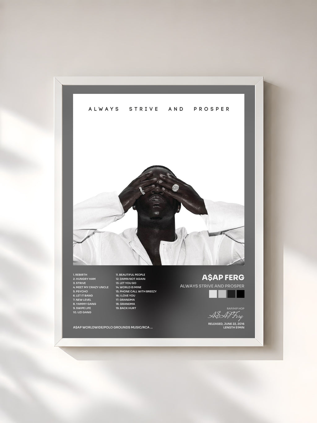 #blanc Tableau de l'album ALWAYS STRIVE AND PROSPER de A$AP Ferg, cadre blanc, imprimé et encadré en France