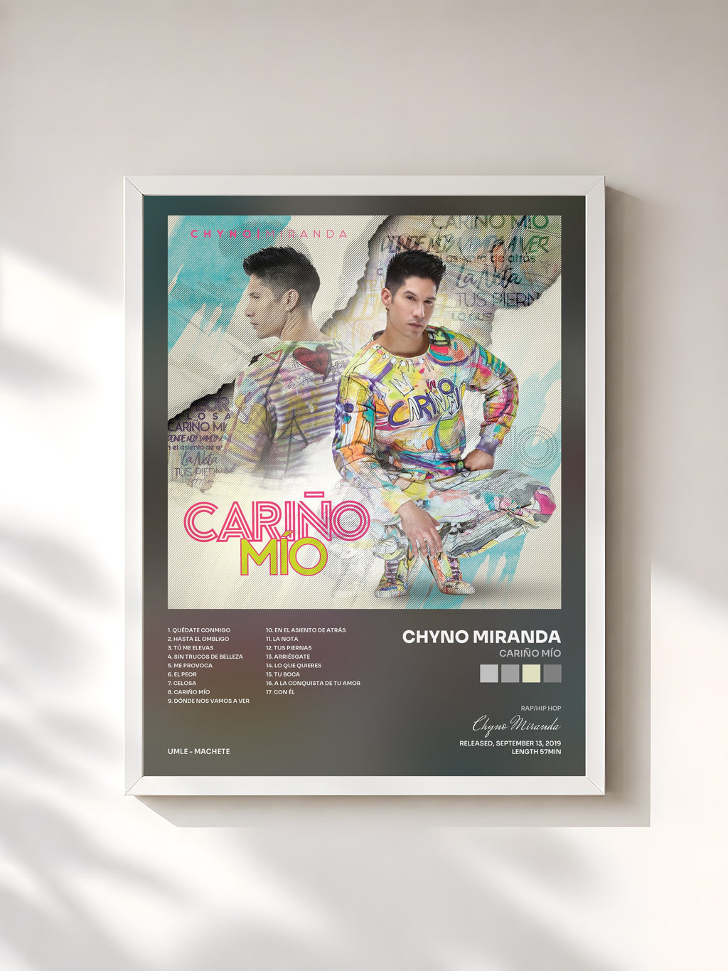 #blanc Tableau de l'album Cariño Mío de Chyno Miranda, cadre blanc, imprimé et encadré en France