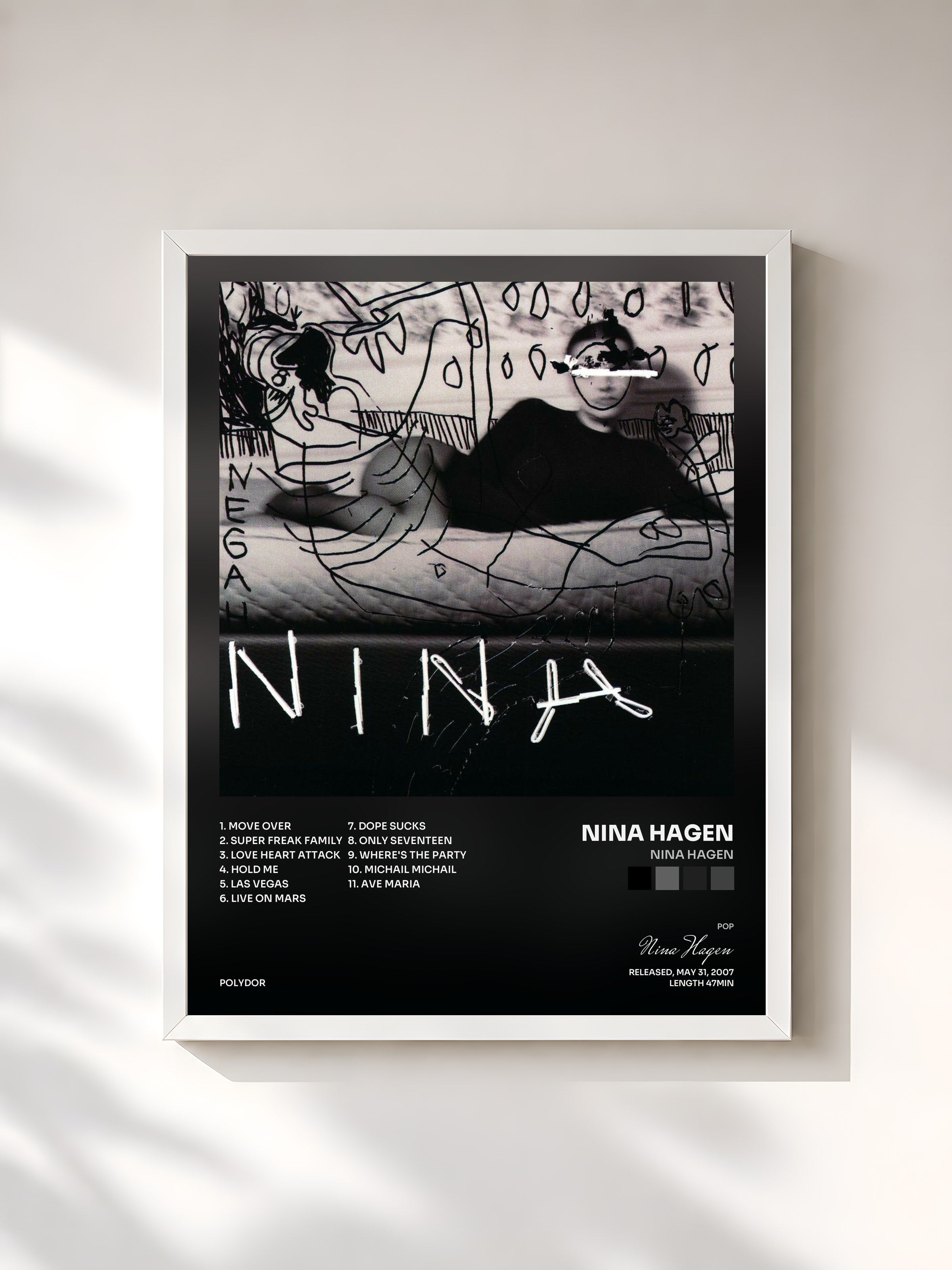 #blanc Tableau de l'album Nina Hagen de Nina Hagen, cadre blanc, imprimé et encadré en France