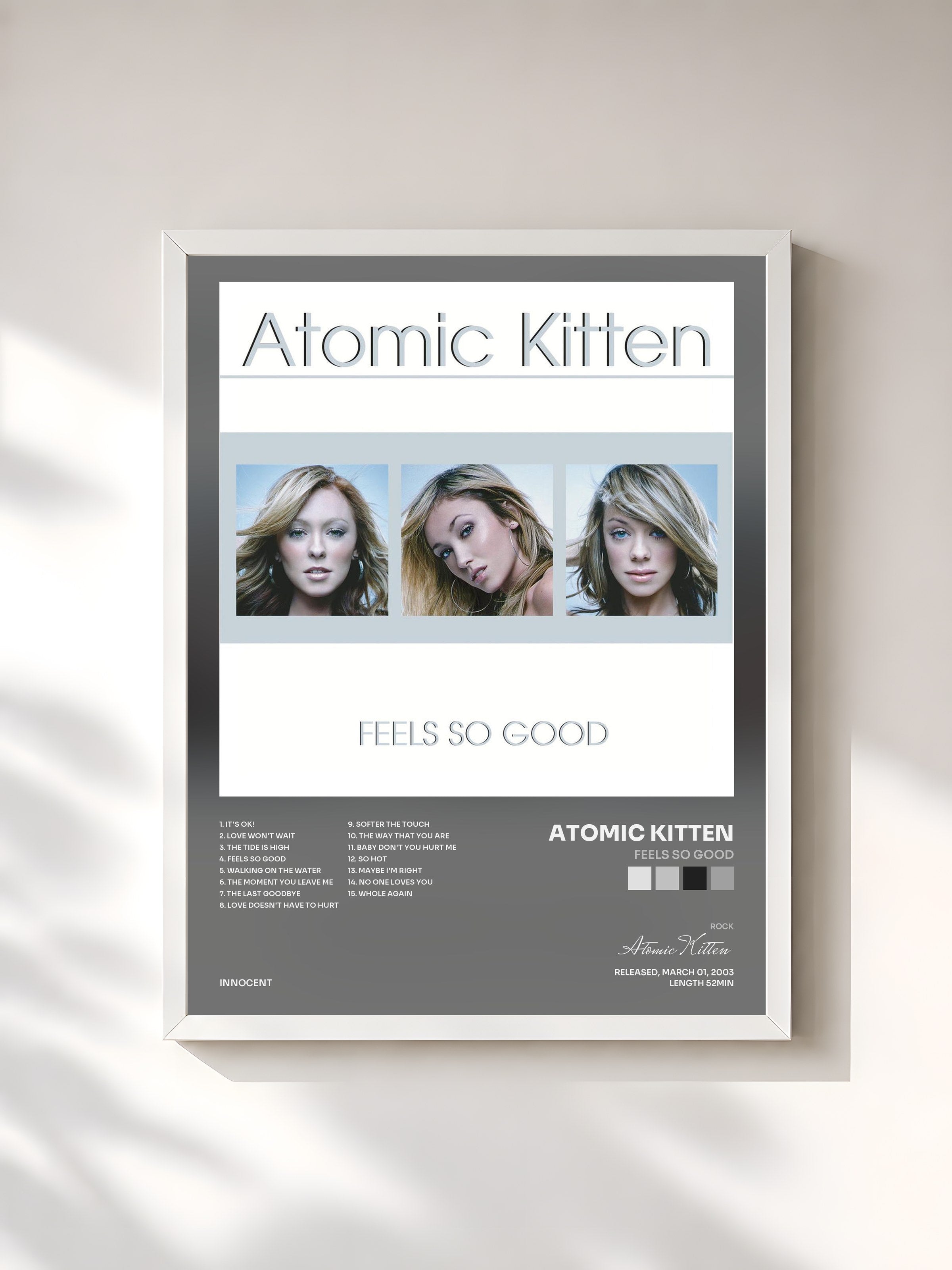 #blanc Tableau de l'album Feels So Good de Atomic Kitten, cadre blanc, imprimé et encadré en France