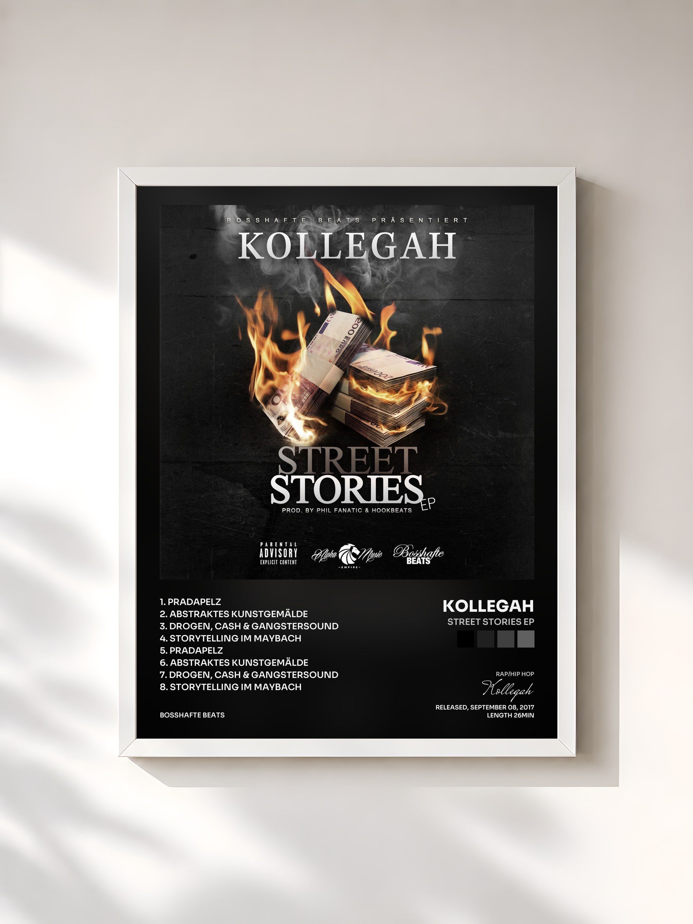 #blanc Tableau de l'album Street Stories EP de Kollegah, cadre blanc, imprimé et encadré en France