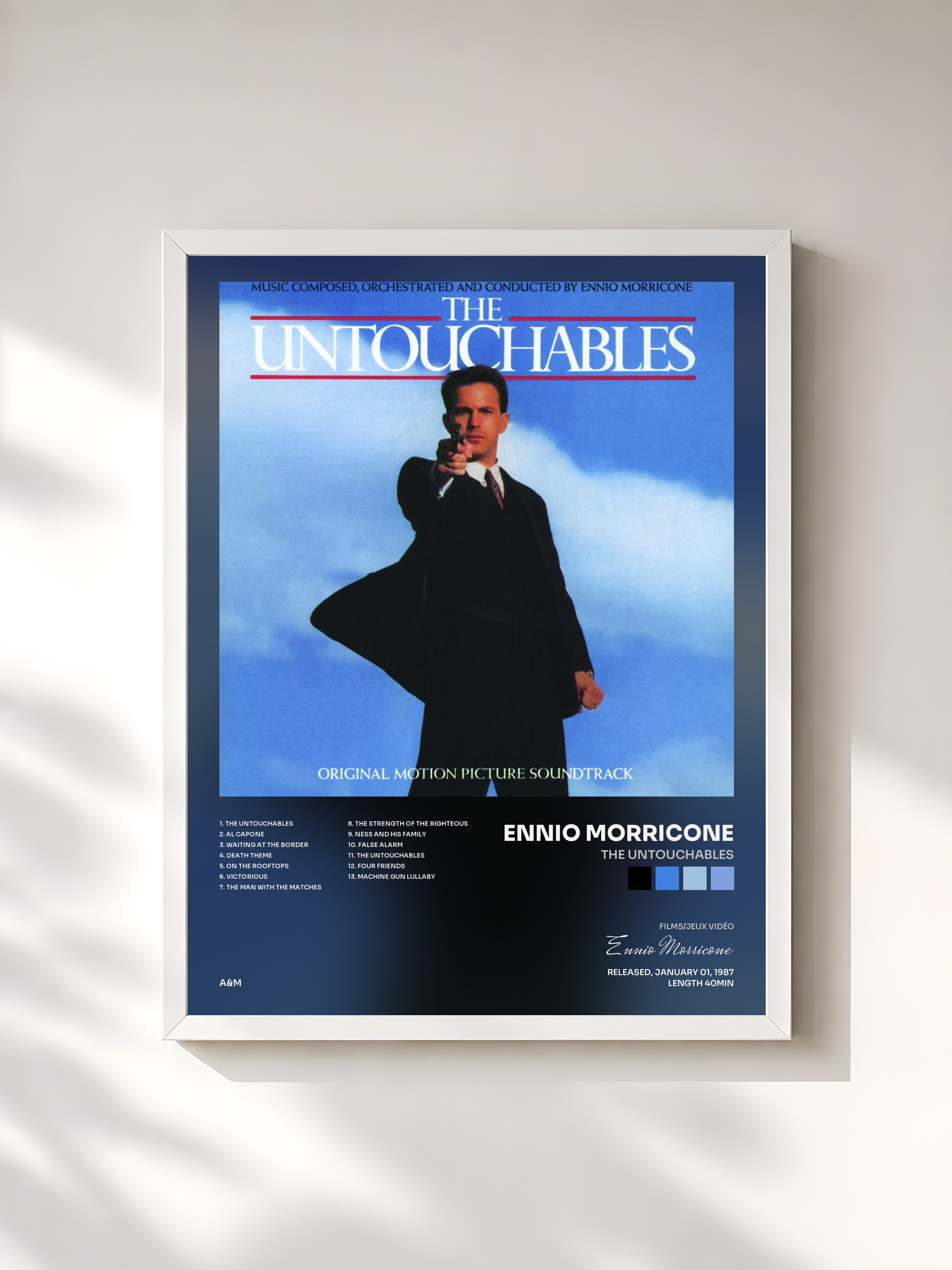 #blanc Tableau de l'album The Untouchables de Ennio Morricone, cadre blanc, imprimé et encadré en France