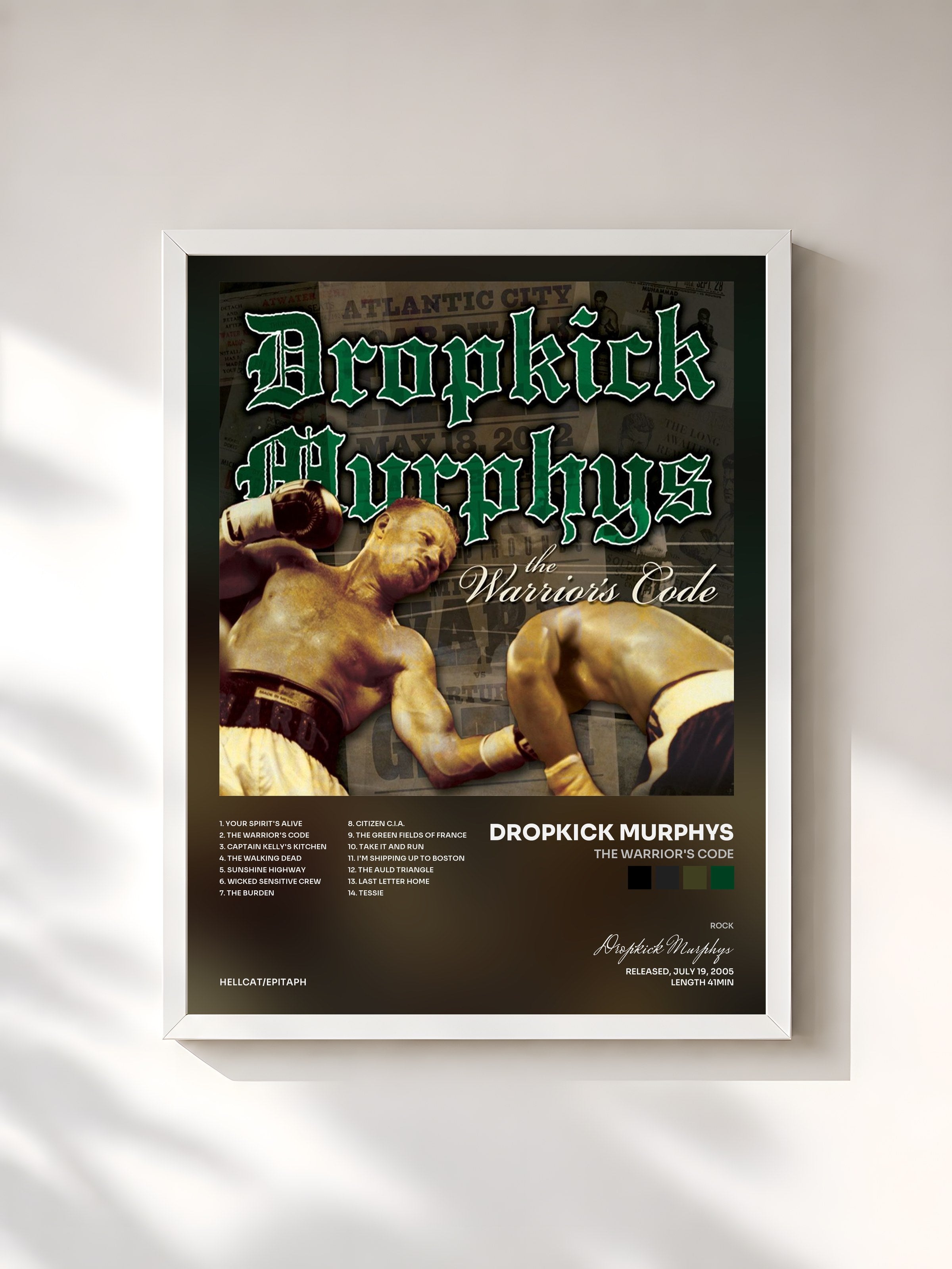 #blanc Tableau de l'album The Warrior's Code de Dropkick Murphys, cadre blanc, imprimé et encadré en France