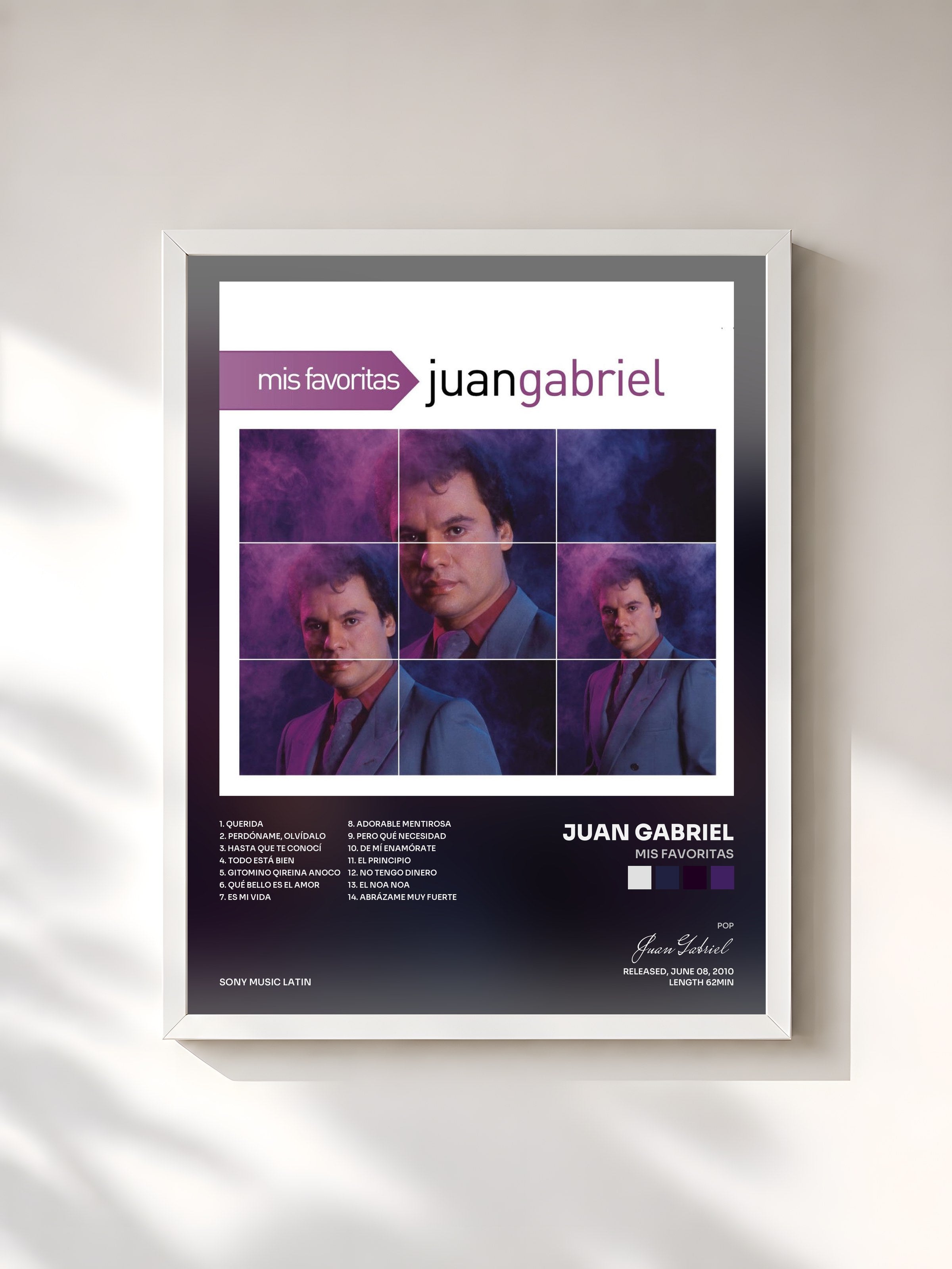 #blanc Tableau de l'album Mis Favoritas de Juan Gabriel, cadre blanc, imprimé et encadré en France