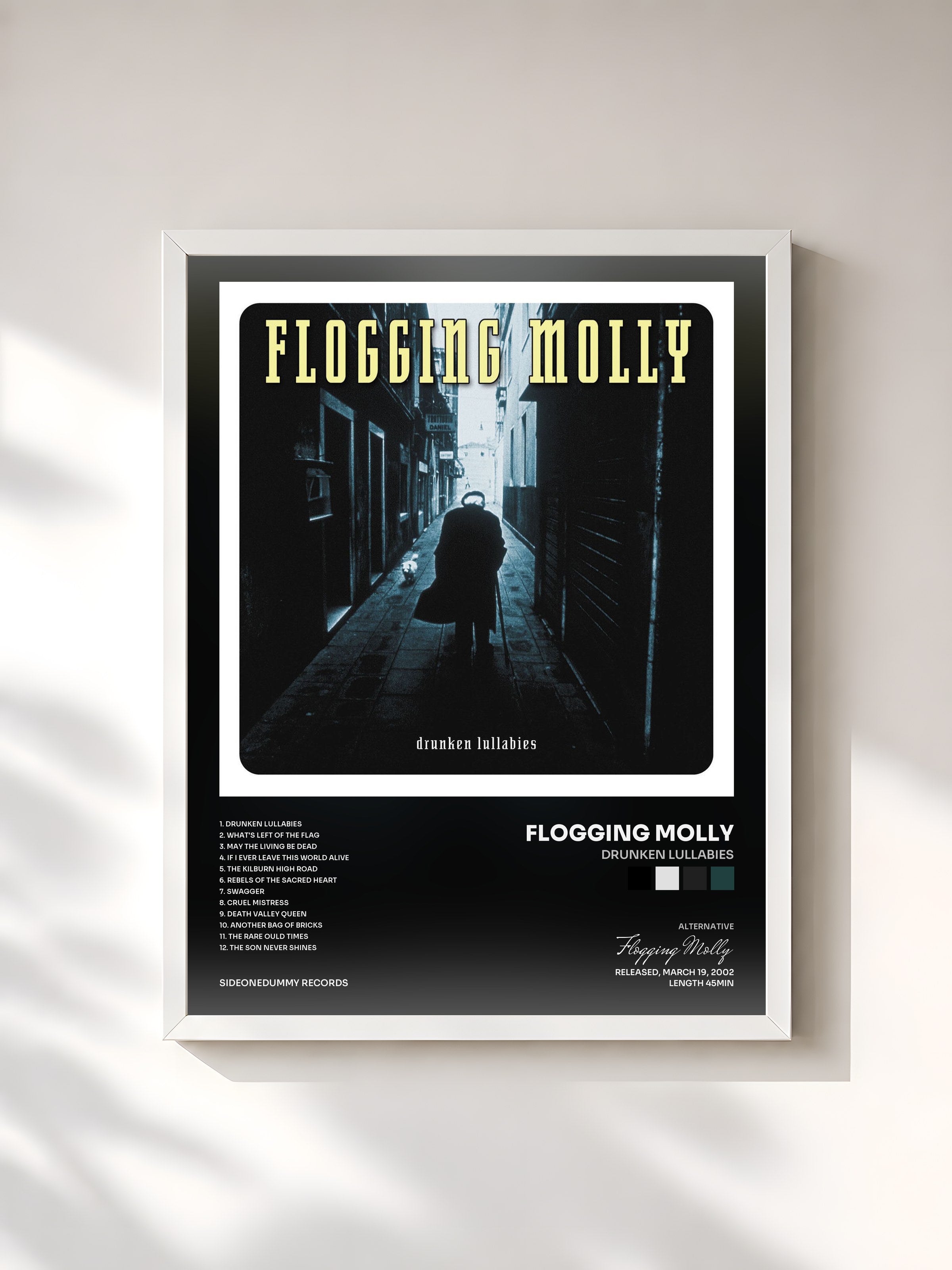 #blanc Tableau de l'album Drunken Lullabies de Flogging Molly, cadre blanc, imprimé et encadré en France