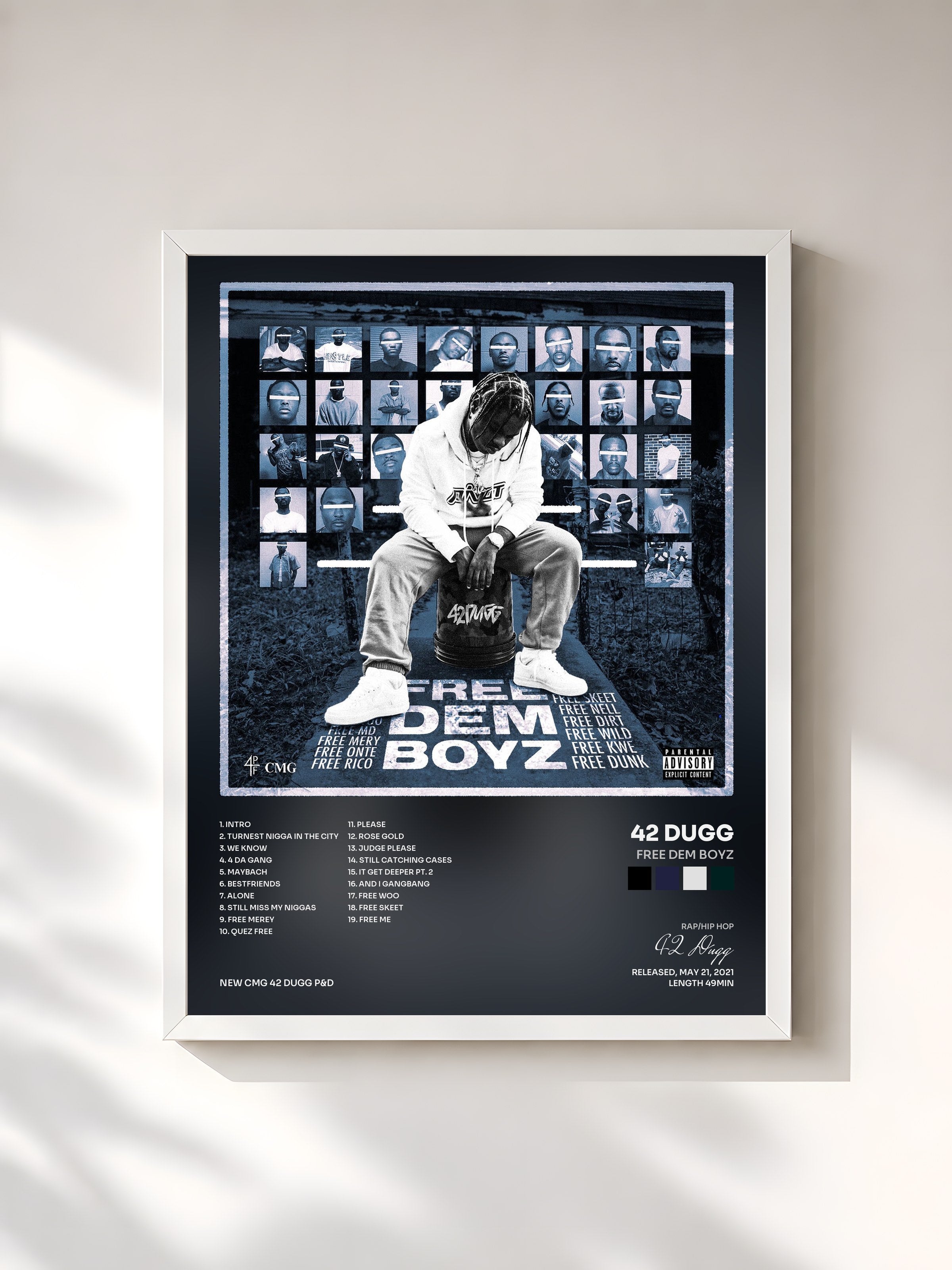#blanc Tableau de l'album Free Dem Boyz de 42 Dugg, cadre blanc, imprimé et encadré en France