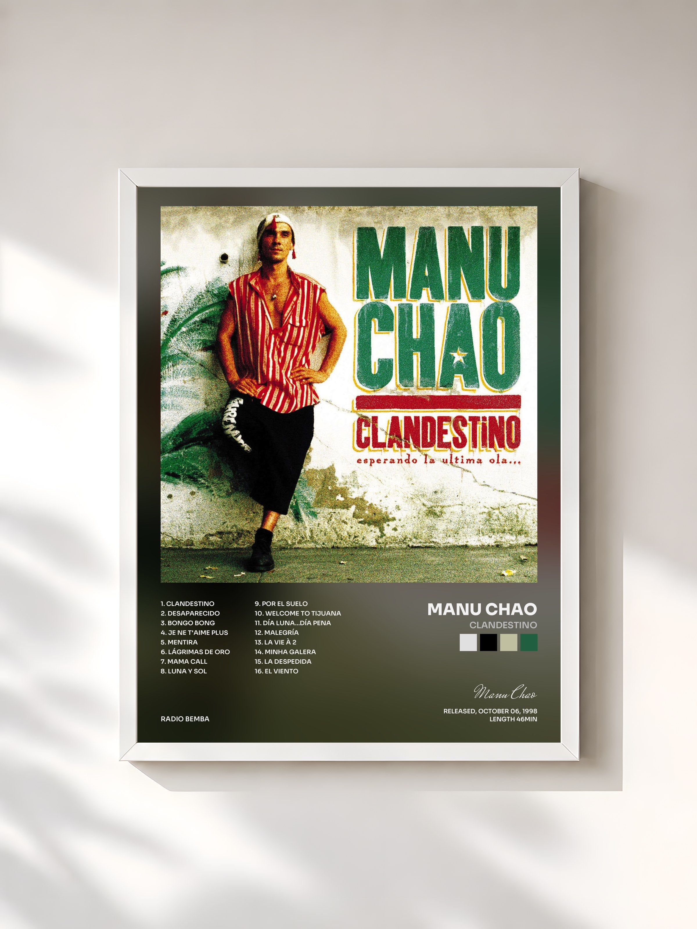 #blanc Tableau de l'album Clandestino de Manu Chao, cadre blanc, imprimé et encadré en France