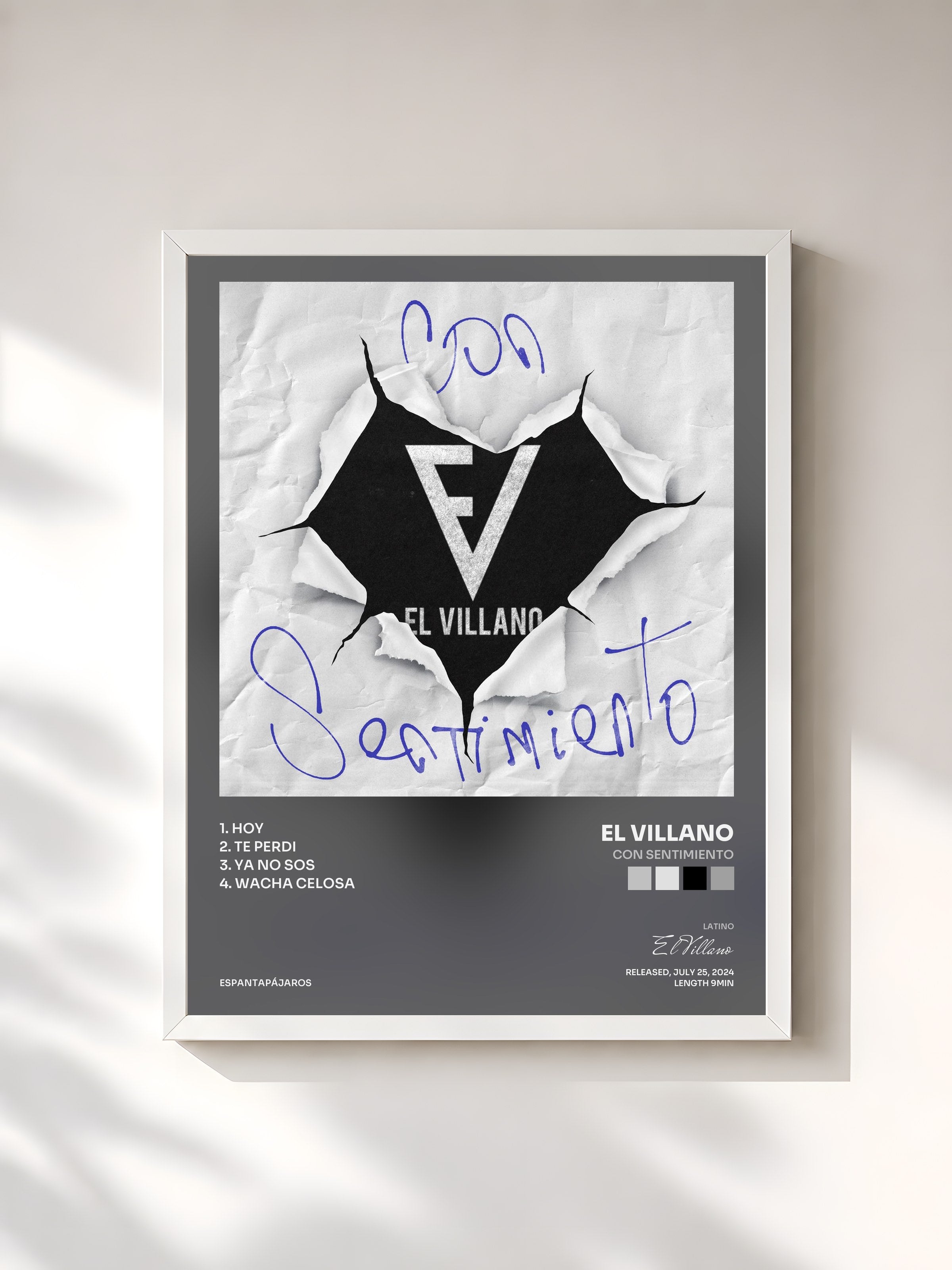 #blanc Tableau de l'album Con Sentimiento de El Villano, cadre blanc, imprimé et encadré en France