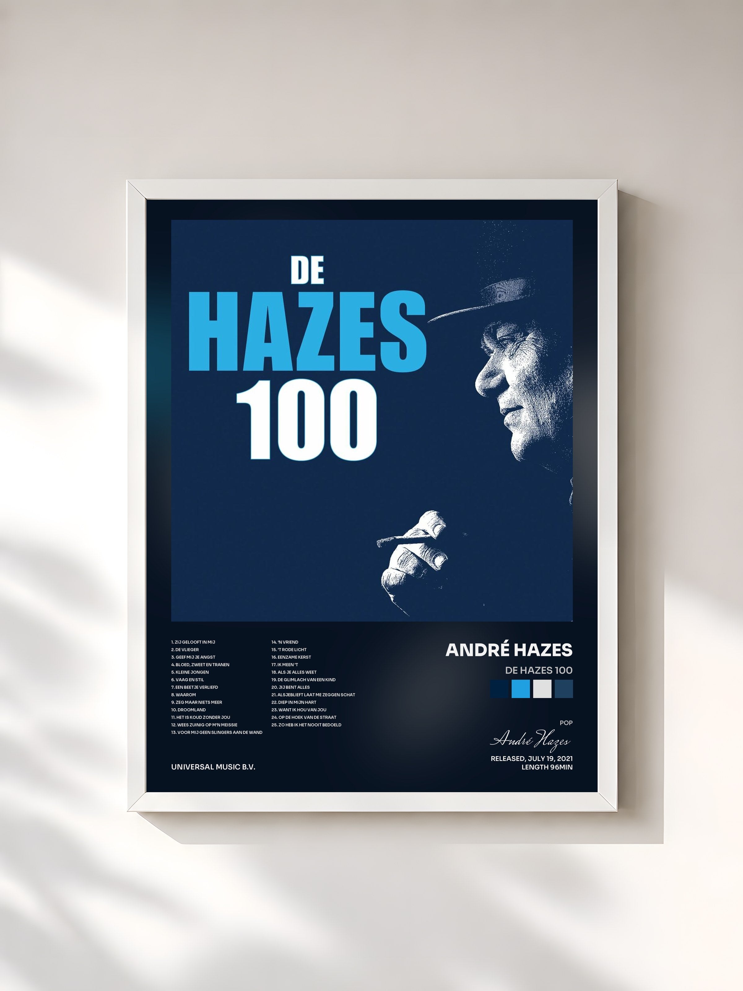 #blanc Tableau de l'album De Hazes 100 de André Hazes, cadre blanc, imprimé et encadré en France