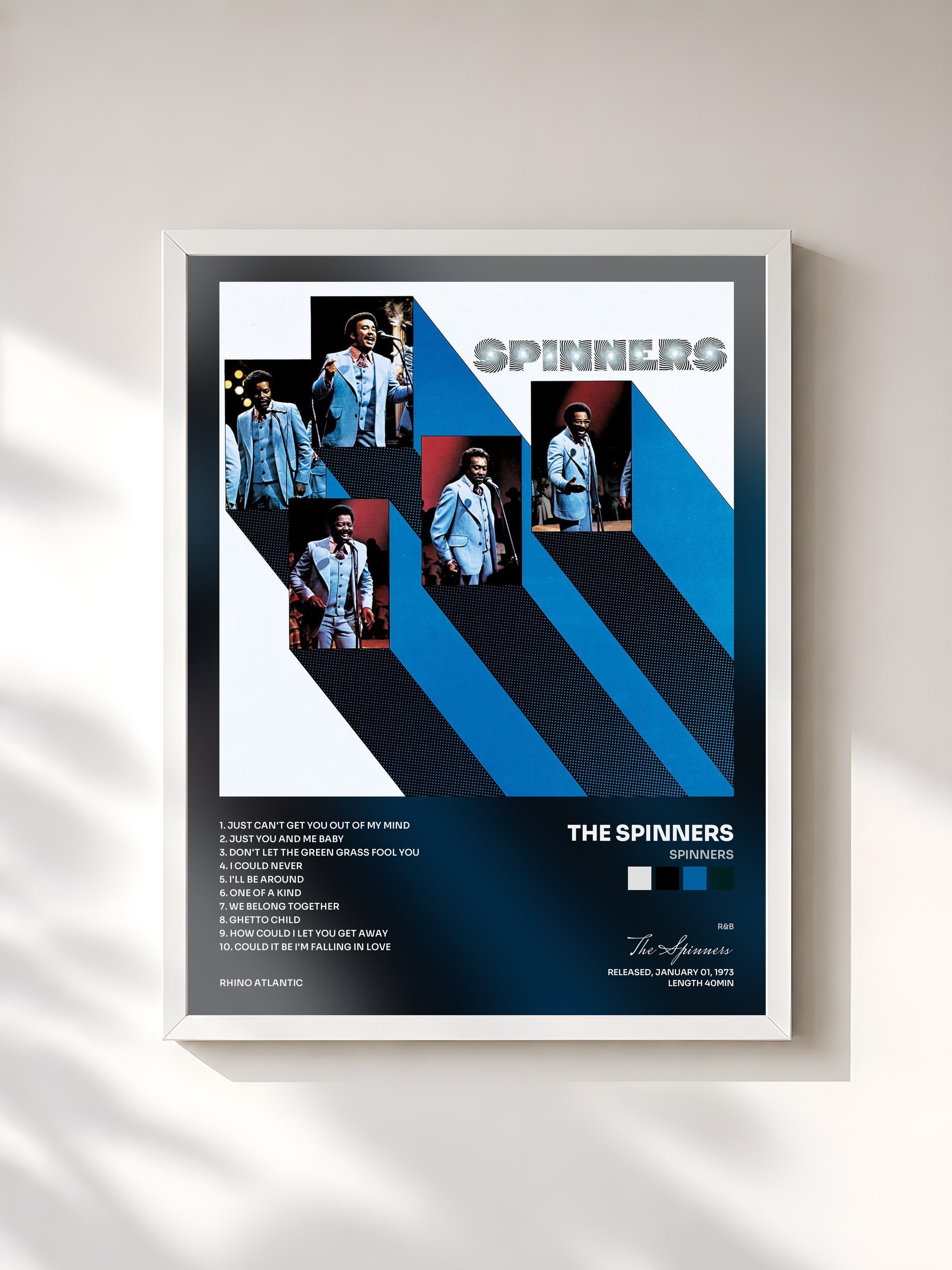 #blanc Tableau de l'album Spinners de The Spinners, cadre blanc, imprimé et encadré en France