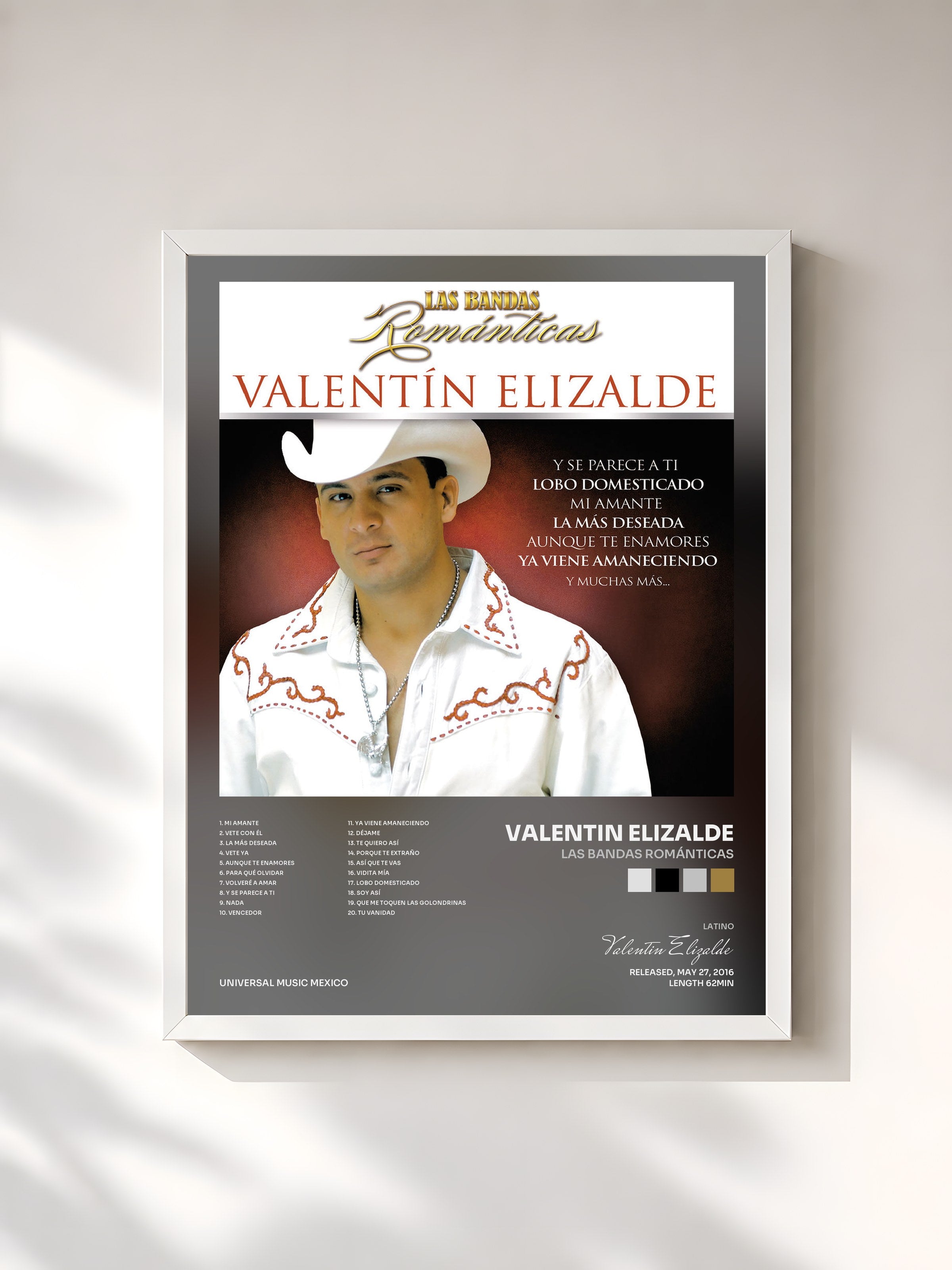 #blanc Tableau de l'album Las Bandas Románticas de Valentin Elizalde, cadre blanc, imprimé et encadré en France