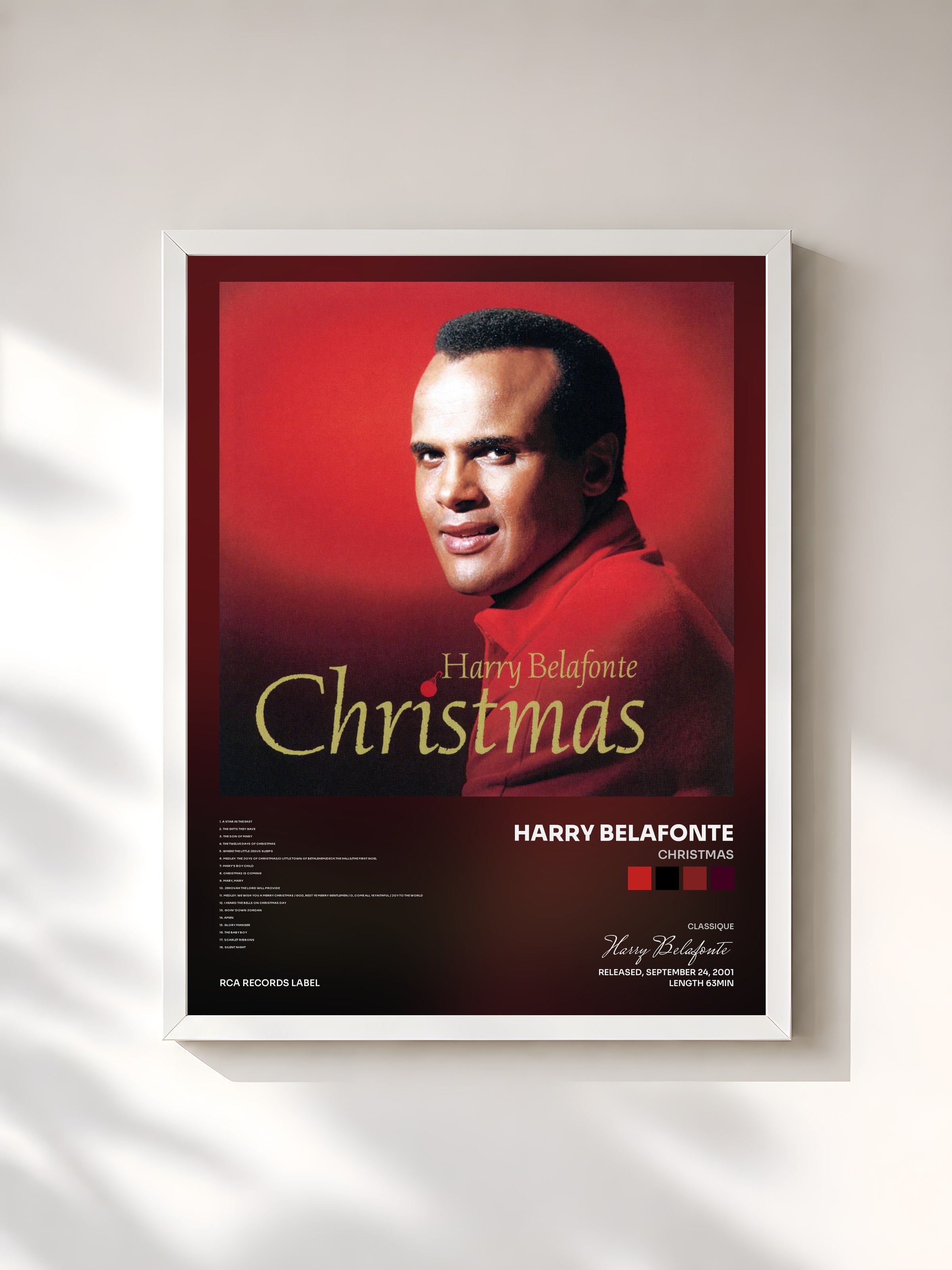 #blanc Tableau de l'album Christmas de Harry Belafonte, cadre blanc, imprimé et encadré en France