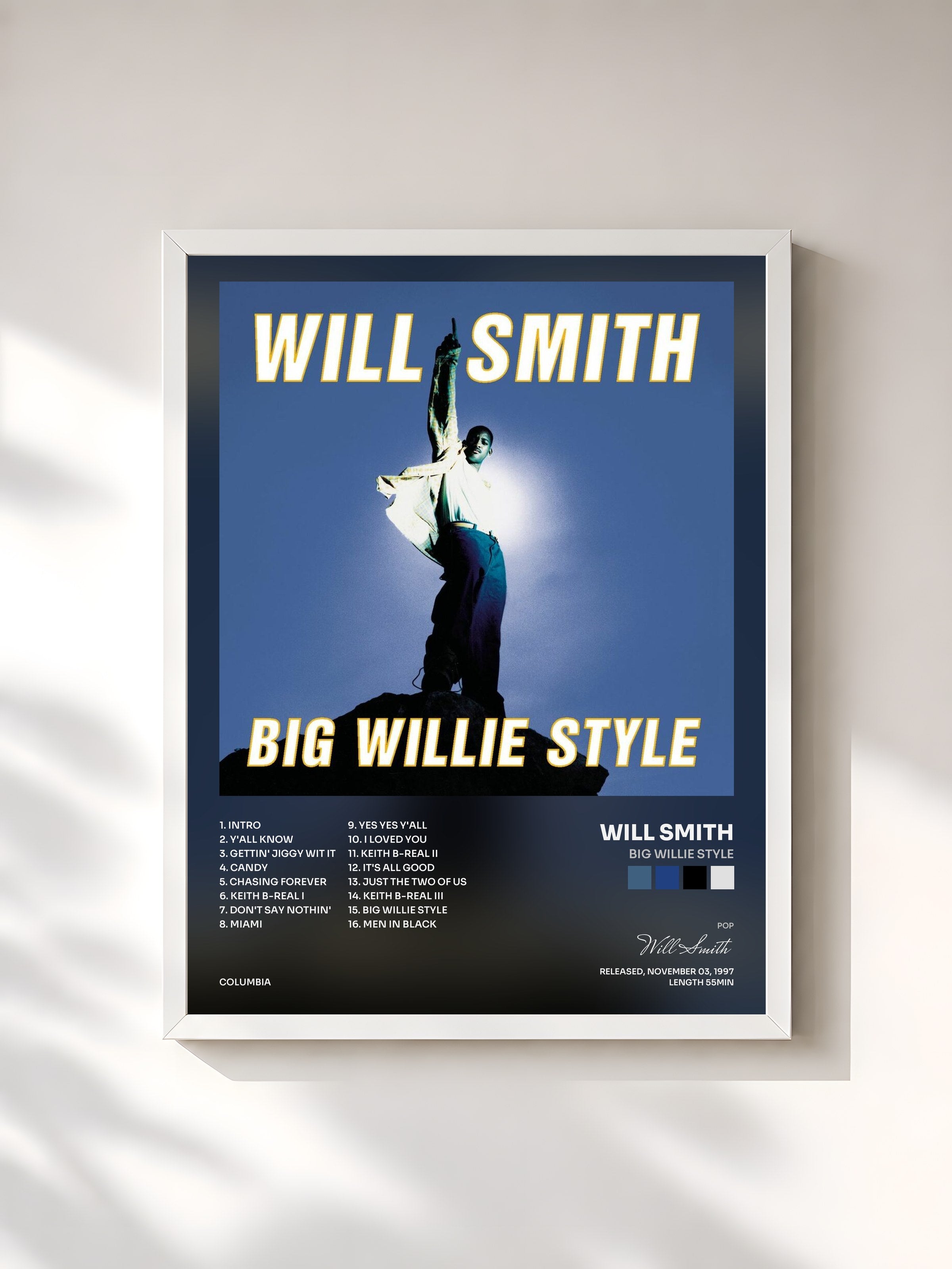 #blanc Tableau de l'album Big Willie Style de Will Smith, cadre blanc, imprimé et encadré en France