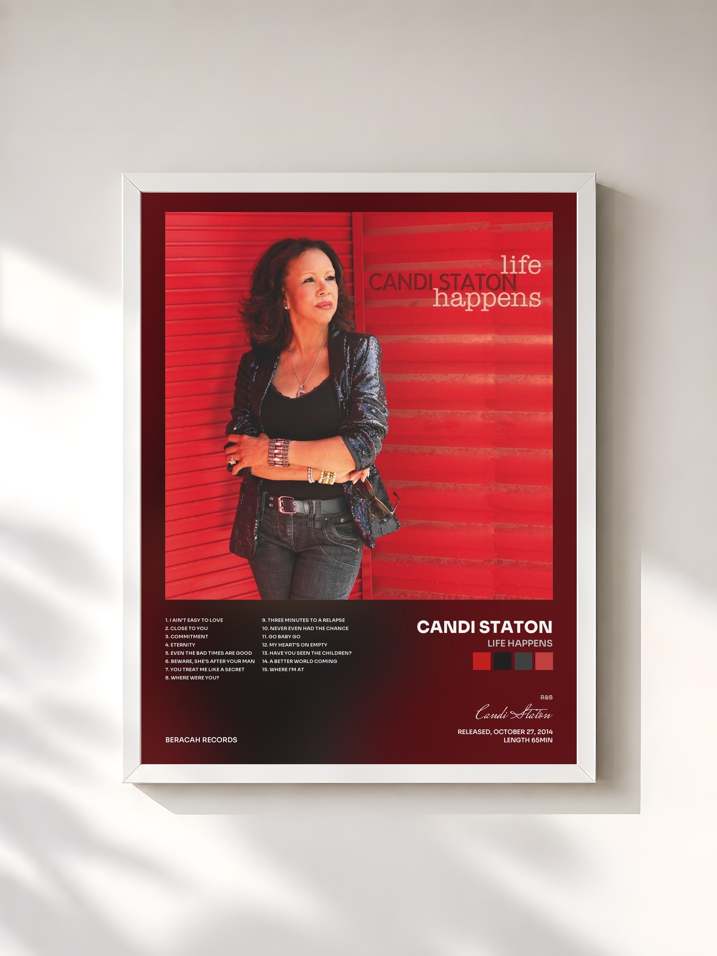 #blanc Tableau de l'album Life Happens de Candi Staton, cadre blanc, imprimé et encadré en France