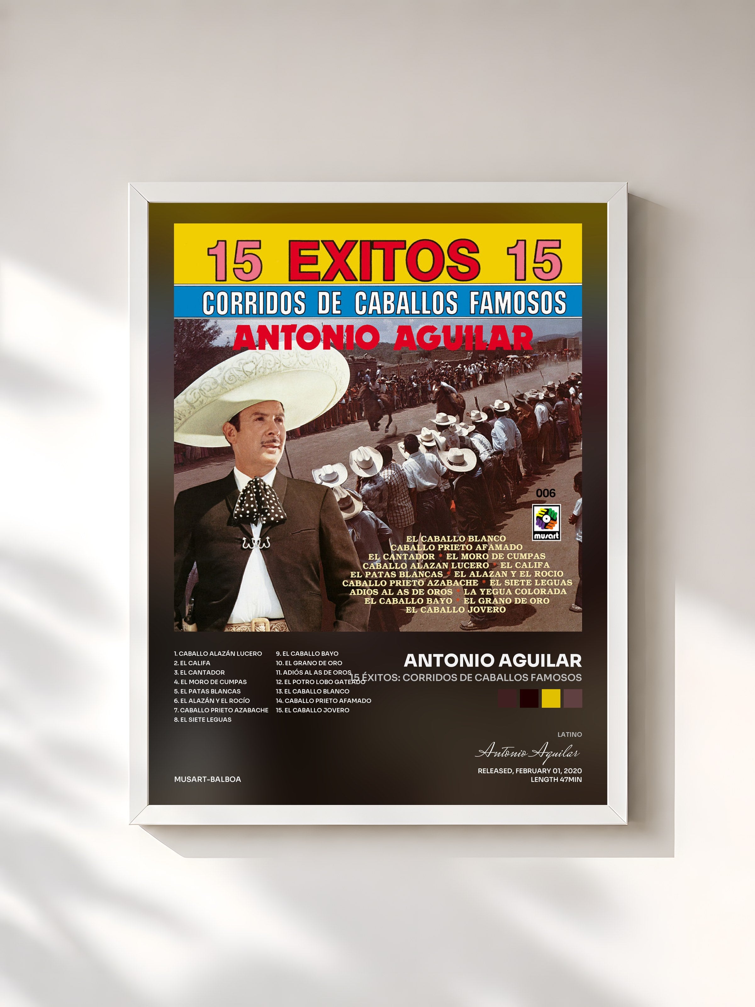 #blanc Tableau de l'album 15 Éxitos: Corridos de Caballos Famosos de Antonio Aguilar, cadre blanc, imprimé et encadré en France