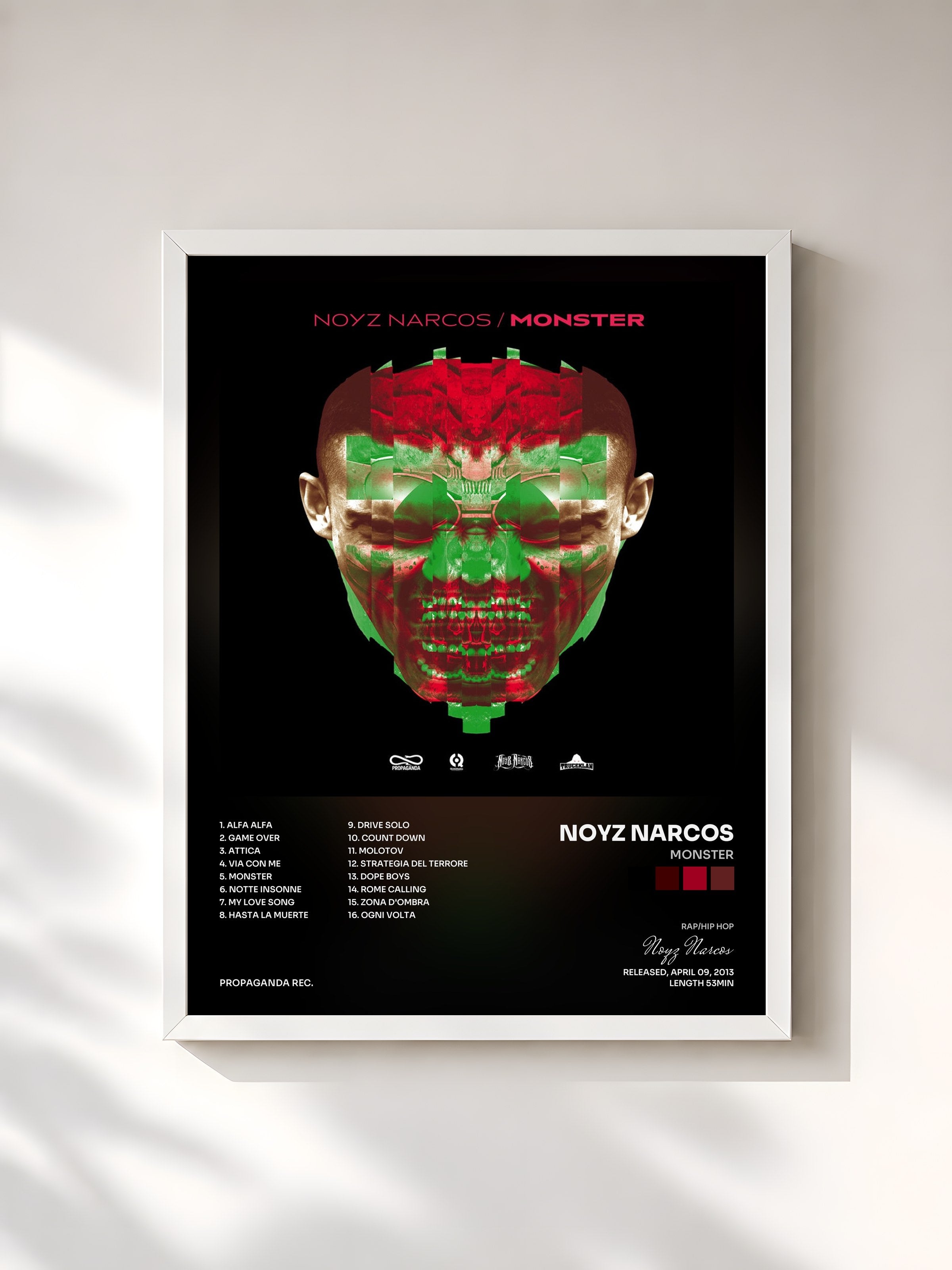 #blanc Tableau de l'album Monster de Noyz Narcos, cadre blanc, imprimé et encadré en France