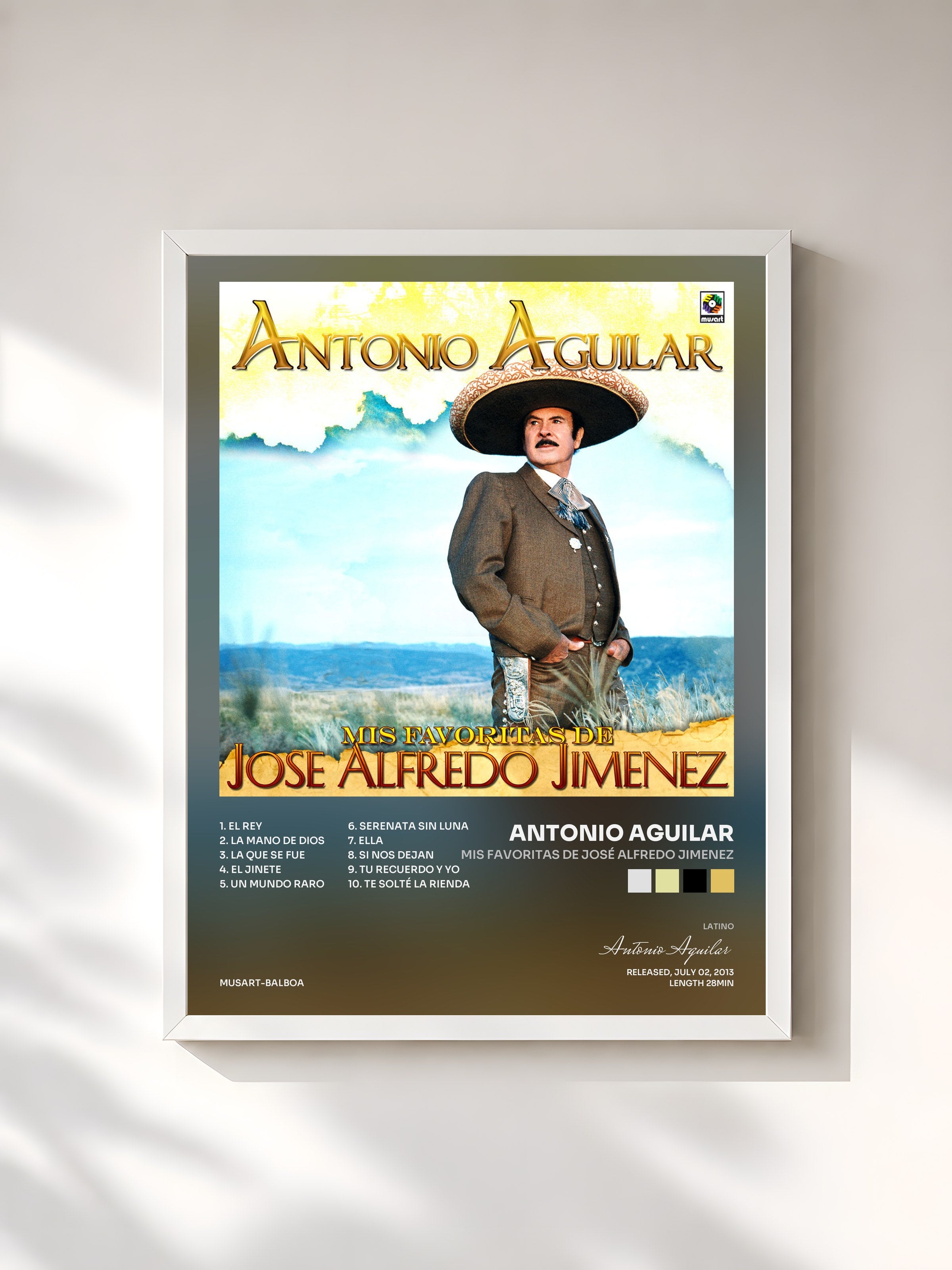 #blanc Tableau de l'album Mis Favoritas de José Alfredo Jimenez de Antonio Aguilar, cadre blanc, imprimé et encadré en France