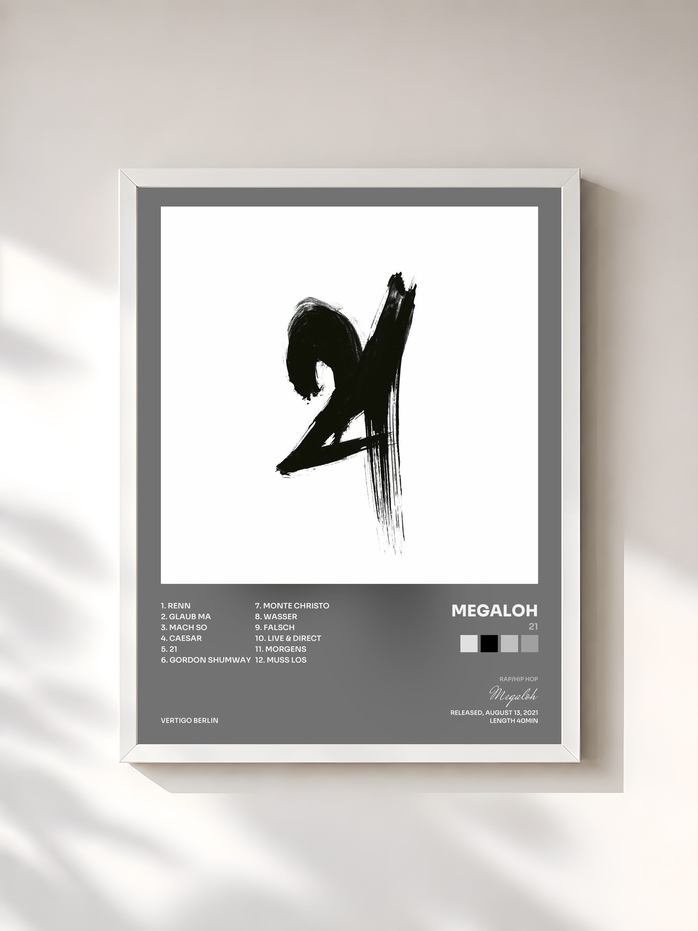 #blanc Tableau de l'album 21 de Megaloh, cadre blanc, imprimé et encadré en France