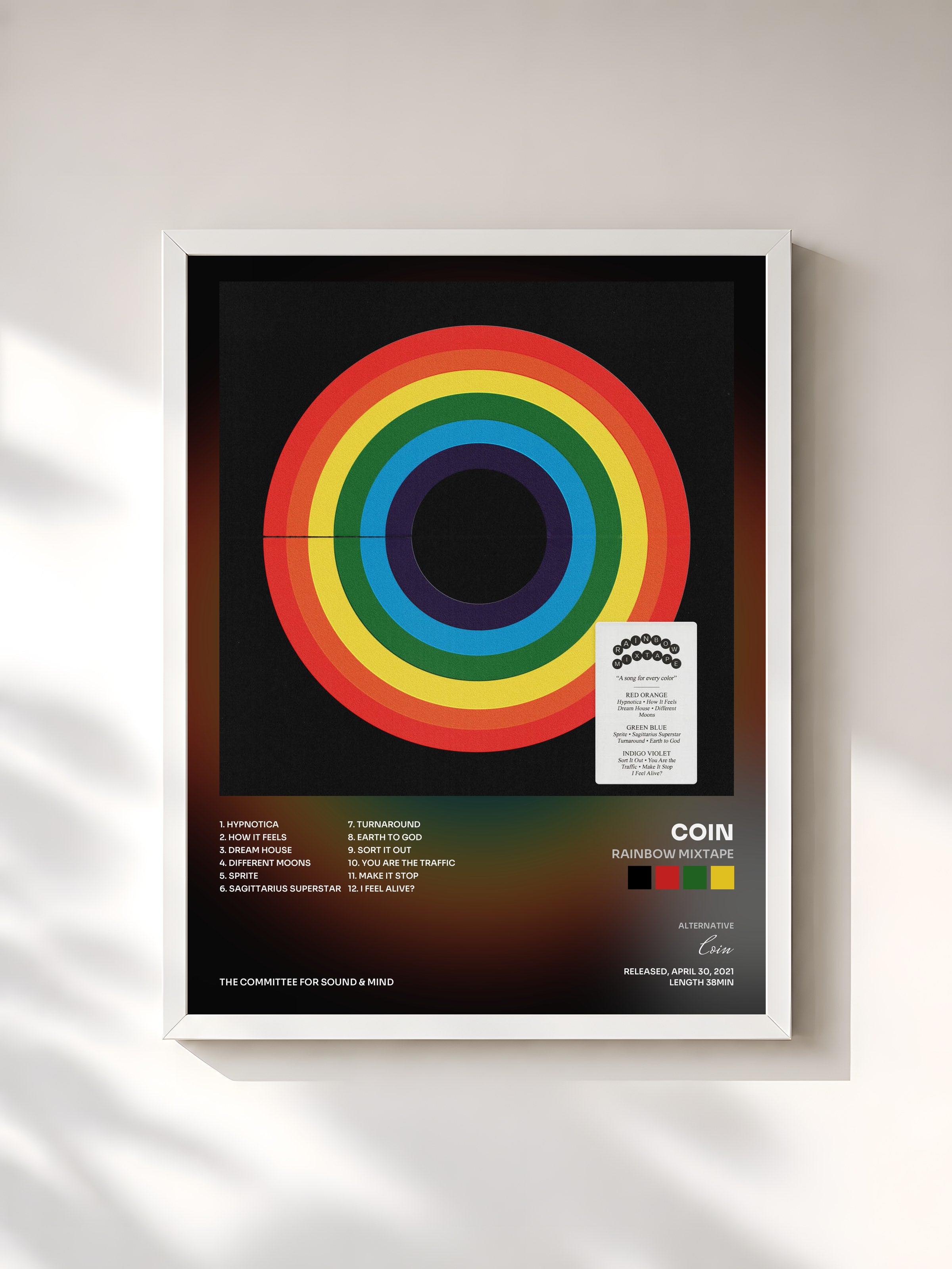 #blanc Tableau de l'album Rainbow Mixtape de Coin, cadre blanc, imprimé et encadré en France