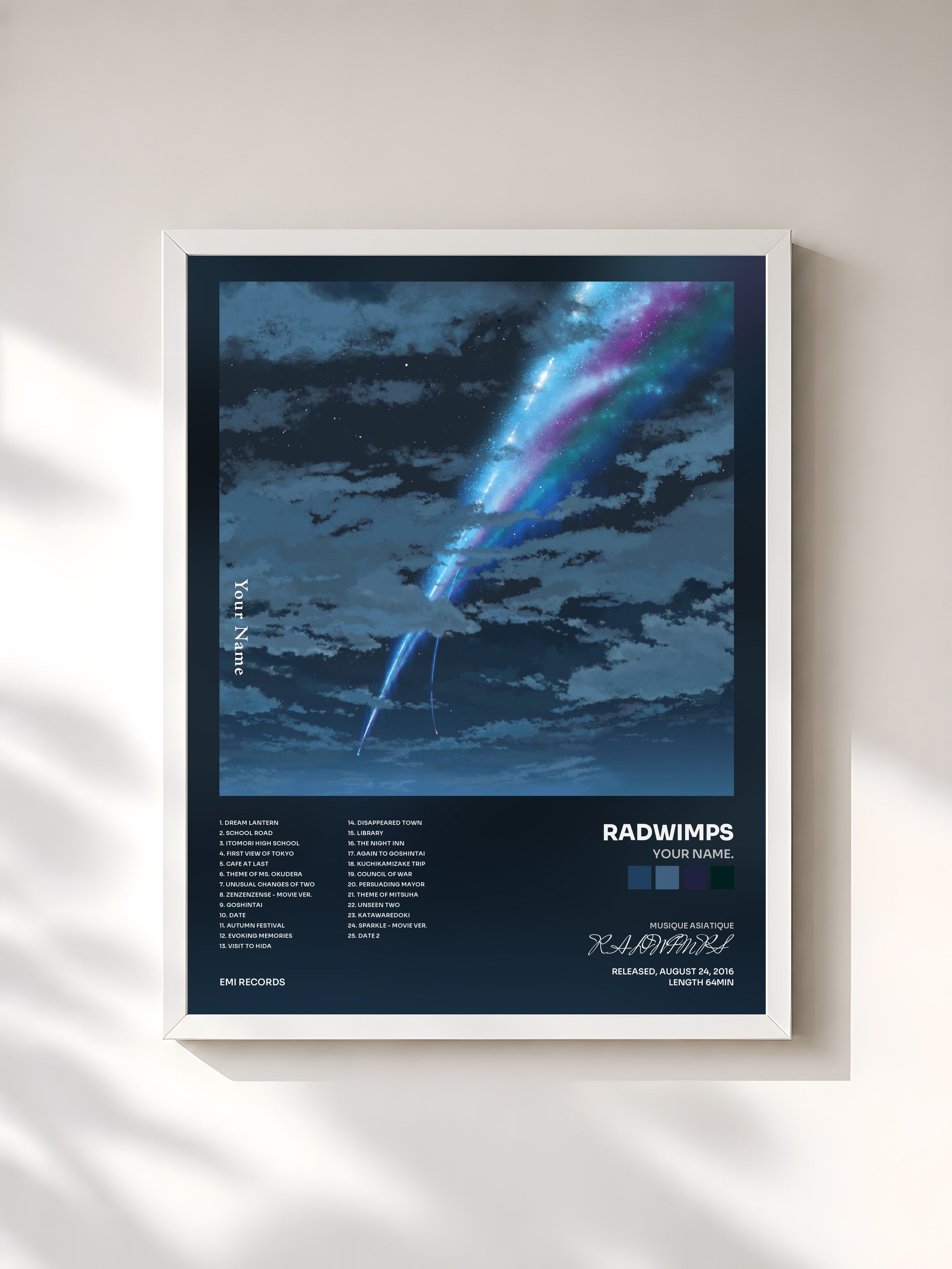 #blanc Tableau de l'album Your Name. de RADWIMPS, cadre blanc, imprimé et encadré en France