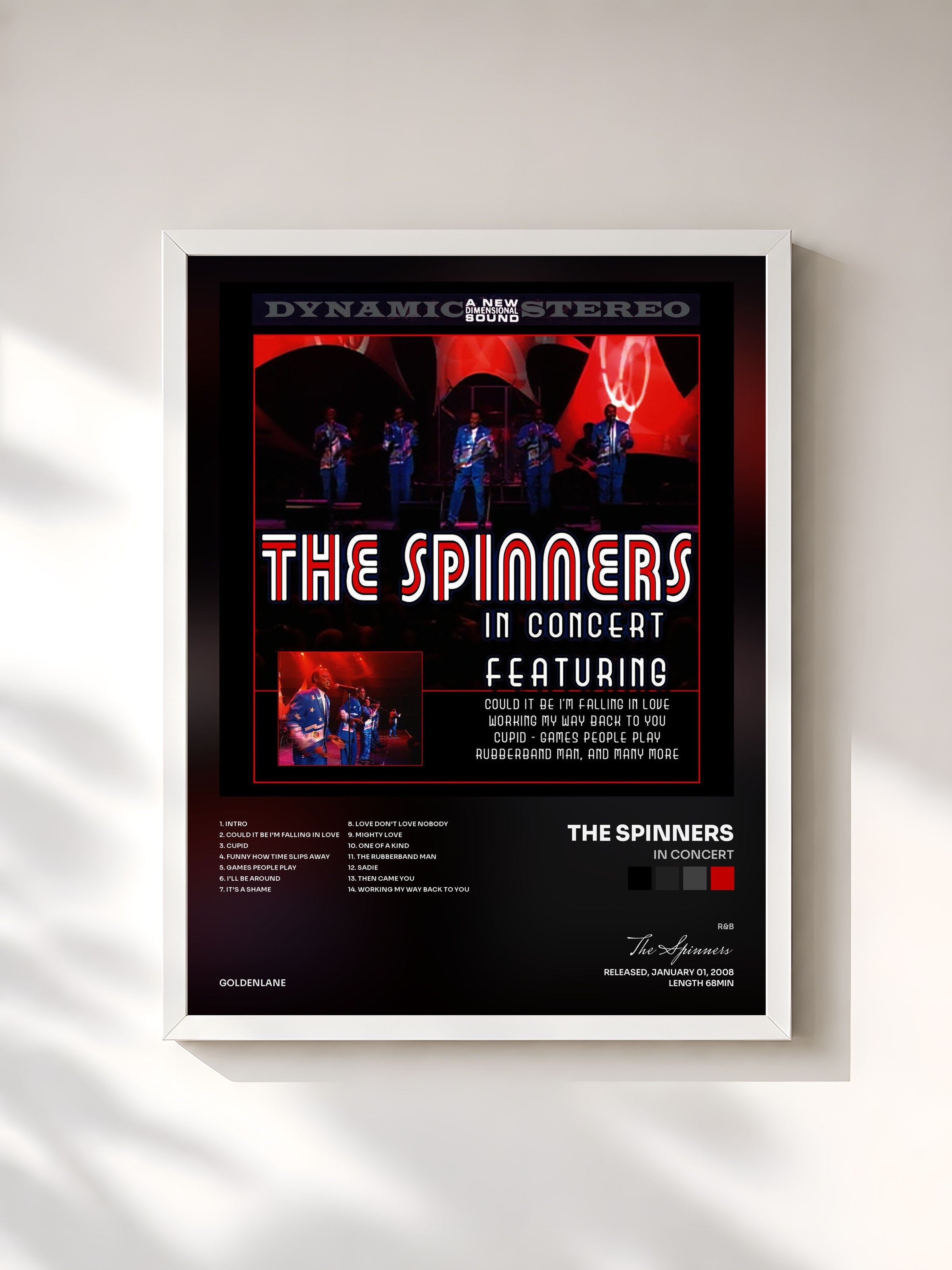 #blanc Tableau de l'album In Concert de The Spinners, cadre blanc, imprimé et encadré en France